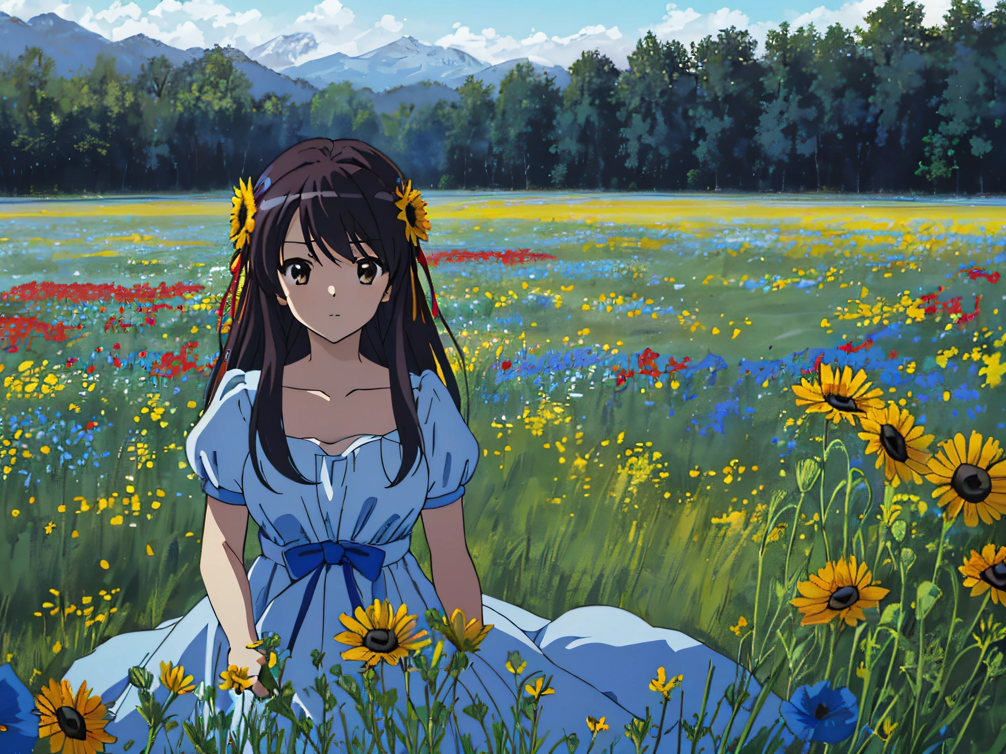 ((masterpiece)), (8k, high_resolution),(best quality), 1girl, solo, Haruhi Suzumiya, (dress, white-blue-red dress, the upper part of the dress is white, the middle part of the dress is blue, the lower part of the dress is red, dresses in the colors of the French flag, very detailed face, mysterious look, no smile) meadow, field, large field, meadow flowers and grasses, landscape, deserted, (dusk), no sun, twilight, summer, Kyoani Haruh style, (meadow white and blue and red flowers,  white poppy flowers, no trees, no forest, only meadow, only meadow with flowers), no sunflowers, no sunflowers