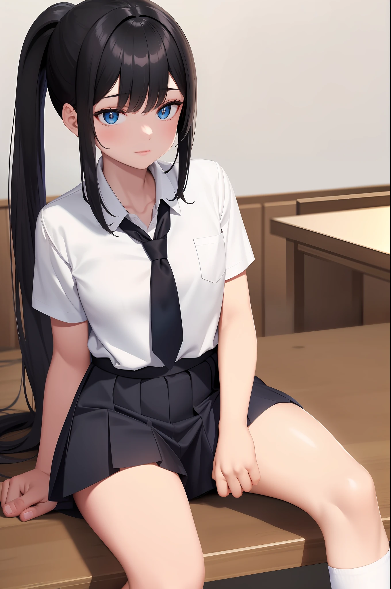 best quality, masterpiece, school uniform, white shirt, socks, sitting on bed, cute, ponytail, black hair, blue eyes,