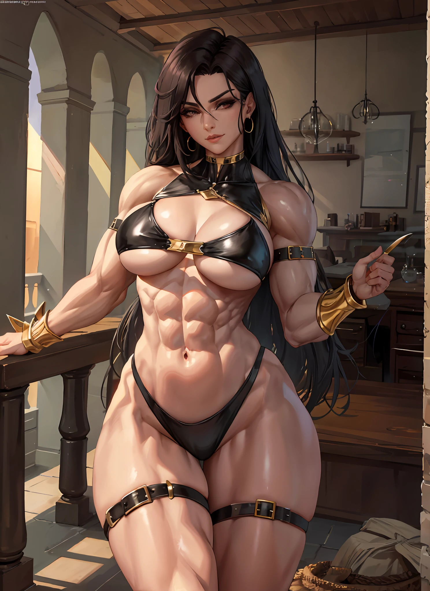 1girl, beautiful, perfect lighting, muscular, thighs, mature female, milf, navel, abs, looking at viewer (masterpiece, high quality:1.1) ,shiny skin
