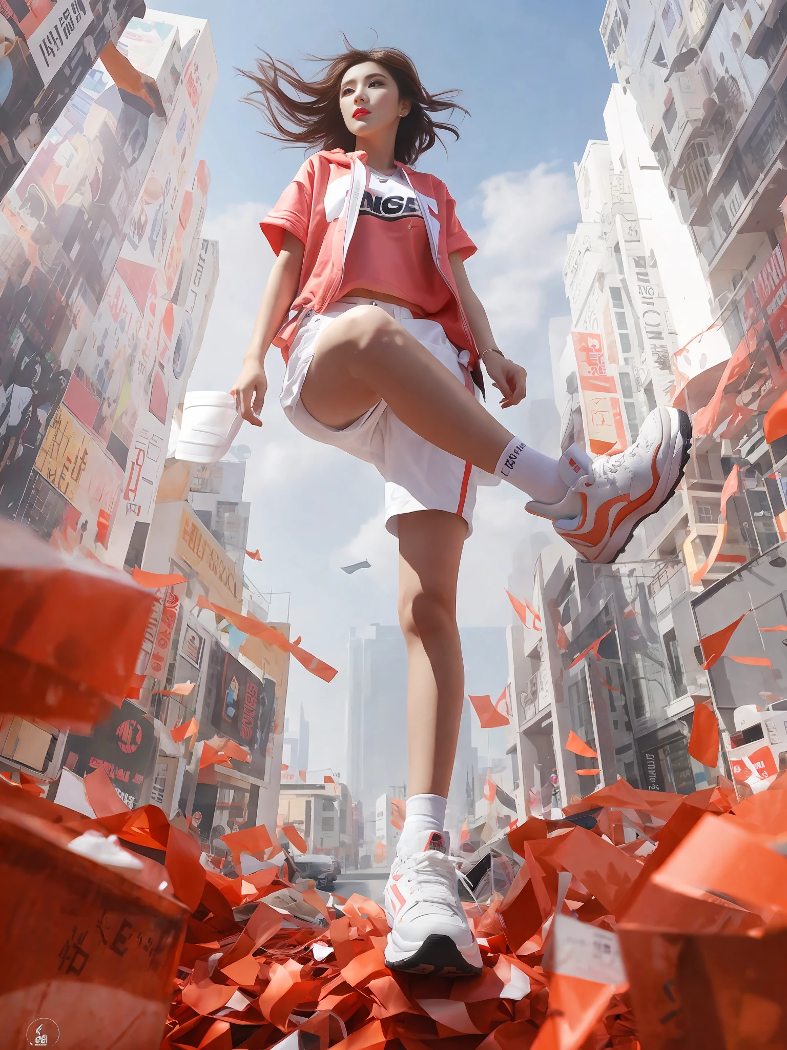 Depth of field, city in background, best quality, masterpiece, Ccurate, super detail, award-winning, textured skin, retina, anatomically correct, high detail, UHD, high quality, high resolution, 16k, imagine a dynamic product poster that showcases a pair of sneakers in an engaging way. On the poster, a young Korean idol girl who exudes fashion and style, shoots from a low angle and looks up. She is outside in an urban environment with a blurred background that focuses the viewer's attention on the shoes. Shoes should be highlighted in the foreground, paying special attention to their design and texture. Posters should feel energized and stimulated, with an implicit sense of movement, making the viewer want to try on shoes and experience the thrill of the event. The image should be stylish, modern, bold, and convey confidence and vitality. Overall, posters should be eye-catching and memorable to appeal to young trendy buyers looking for the perfect combination of fashion and functionality.