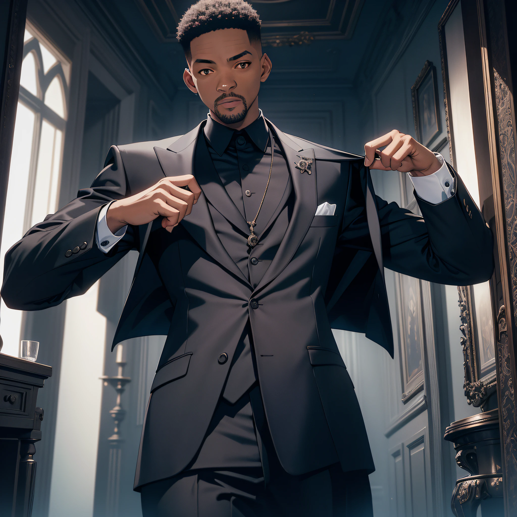 Absurd resolution, high resolution, (masterpiece: 1.4), hyperdetail, young man Will Smith, black suit, spooky room, serious expression (1.3)