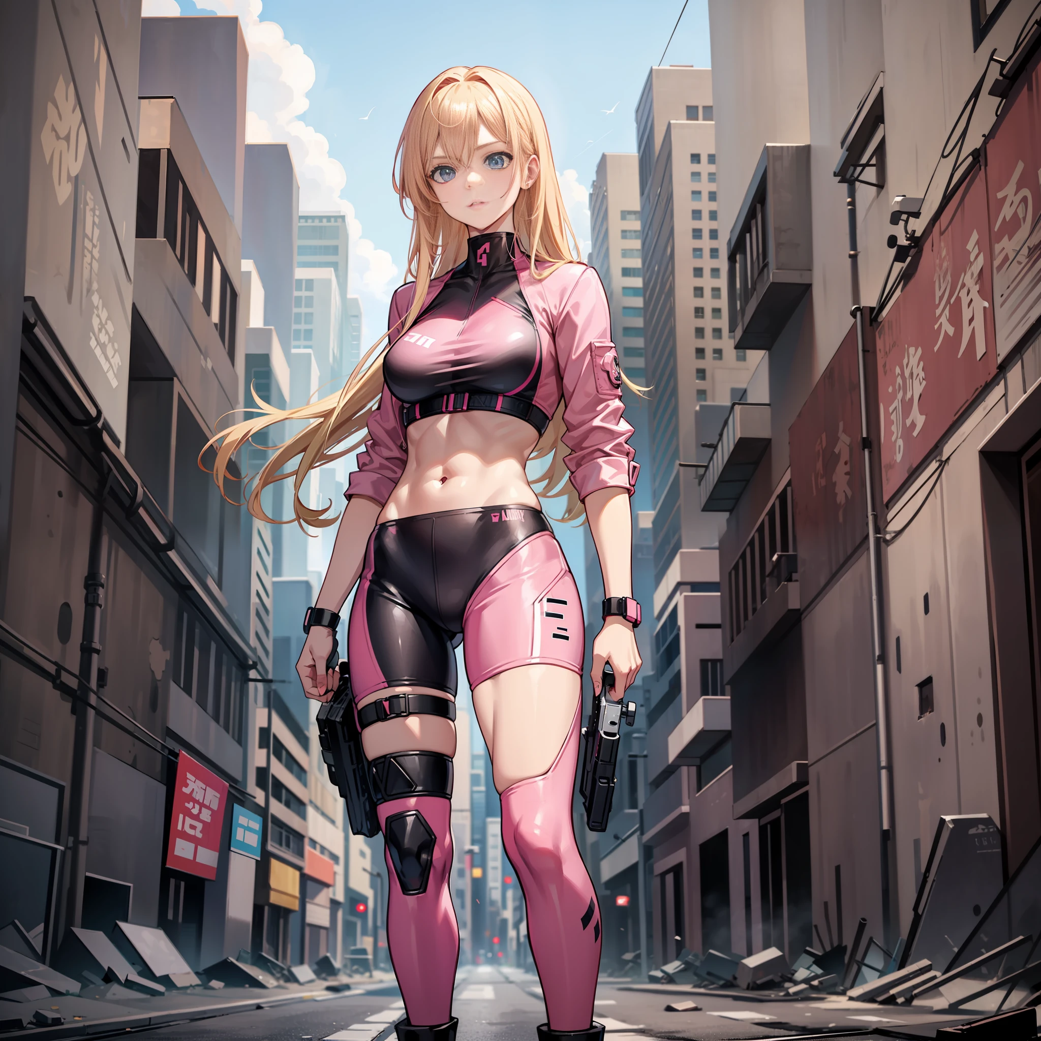 A woman, pink army outfit, athletic body, holding a gun, short clothes, blonde hair, blue eyes, long hair, in an apocalyptic, deserted, destroyed city