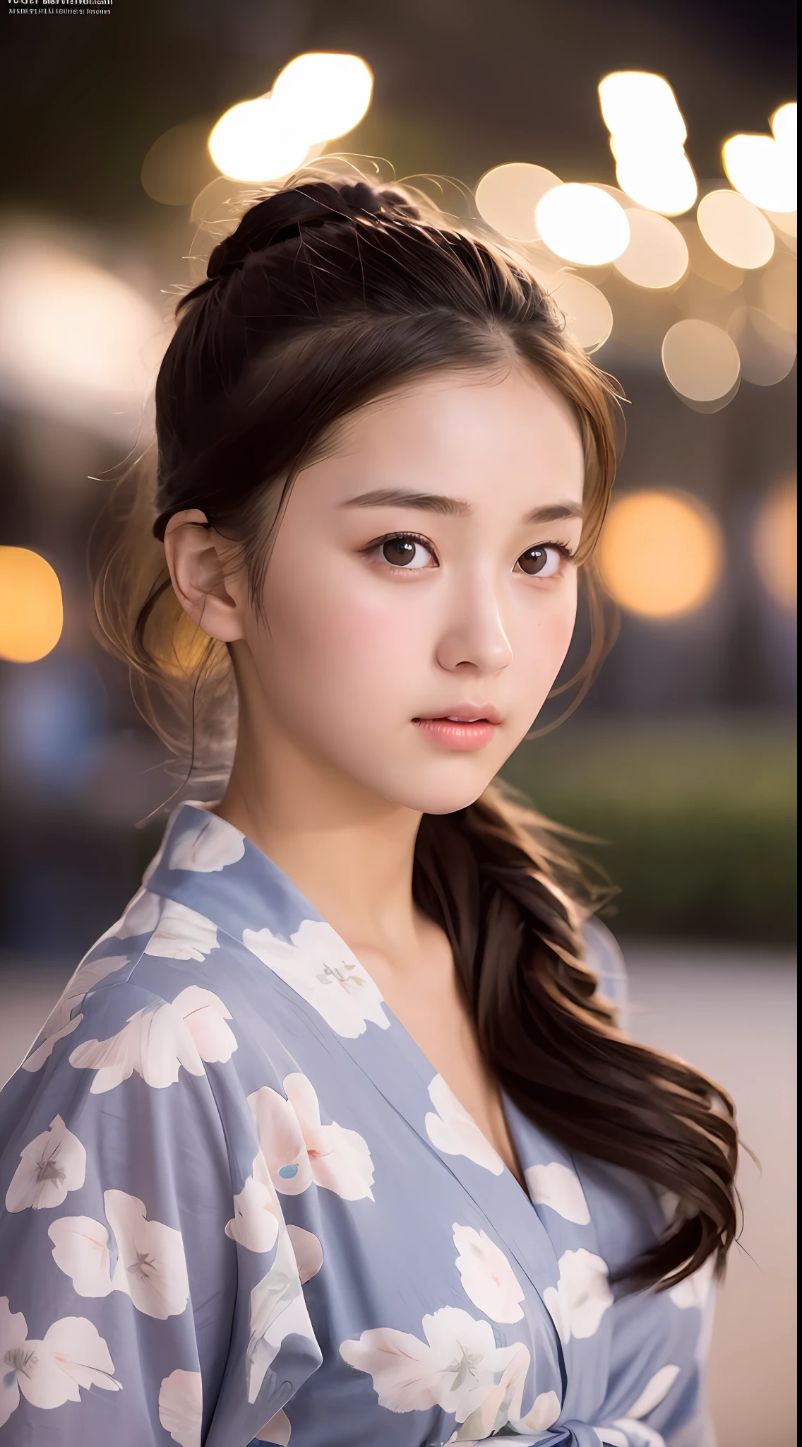 Top quality, realistic, perfect human body structure, very detailed, very delicate and beautiful, RAW photos, (big fireworks shining in the night sky), black yukata, professional lighting, face lighting, depth of field, single focal, pull photo, 13 year old woman, brown hair, brown eyes, small head, (((big))), baby face, fashion girl, beautiful eyes, real face, real face, real skin, detailed eyes, (half half) updo:1.3), sexy pose, viewer, detailed face and breast look, middle school student