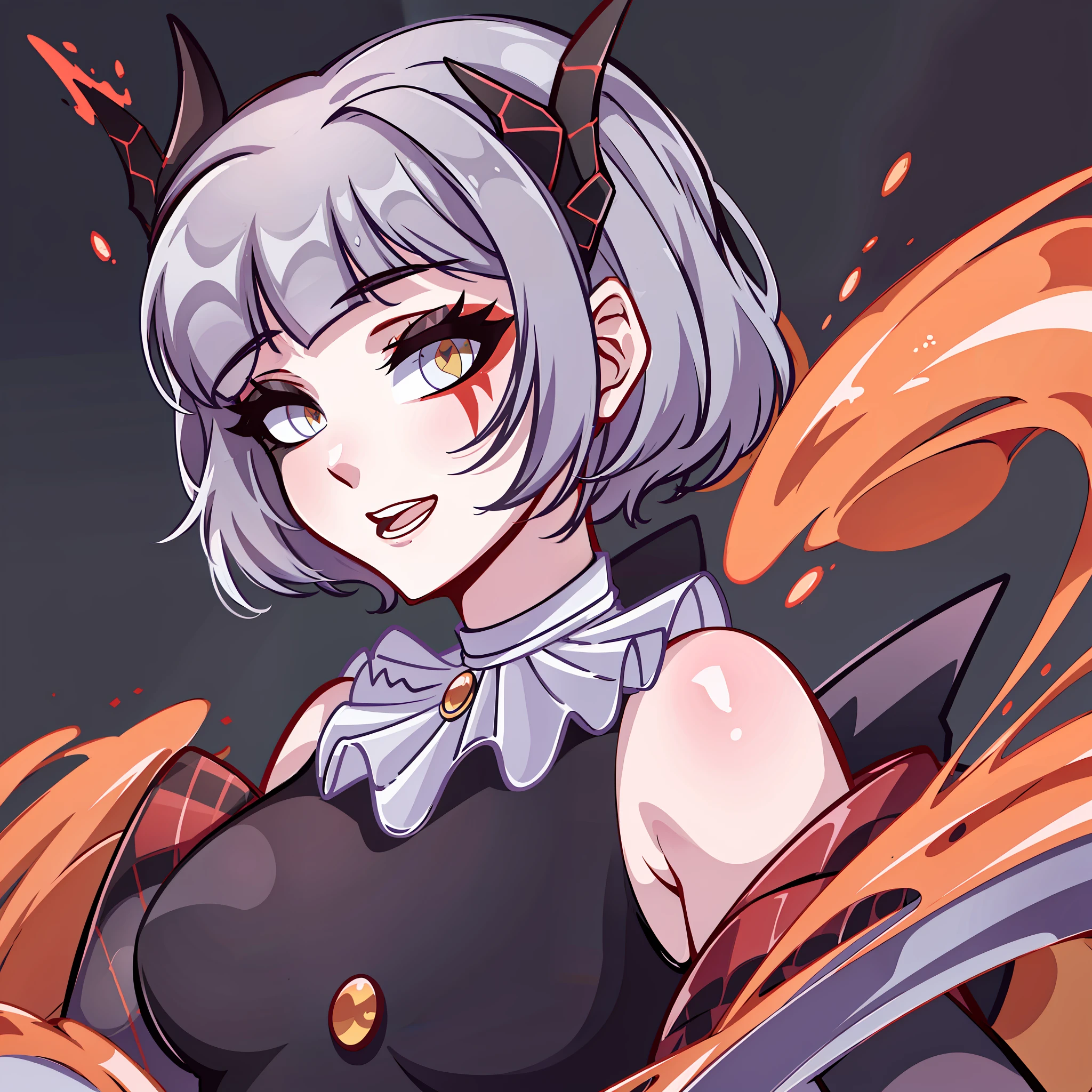 (Best quality: 1.0), (Super High Resolution: 1.0), extremely detailed character, detailed hands, half-dragon girl, horns, scales on the neck, scales on the shoulders, scales on the forearm, scales on the cheek, extremely detailed black dragon tail, extremely detailed hair, short hair, ((white hair)), (black locks), extremely detailed eyes, yellow eyes, dragon eyes, 2d, tomboy girl, anime art, teenager/young