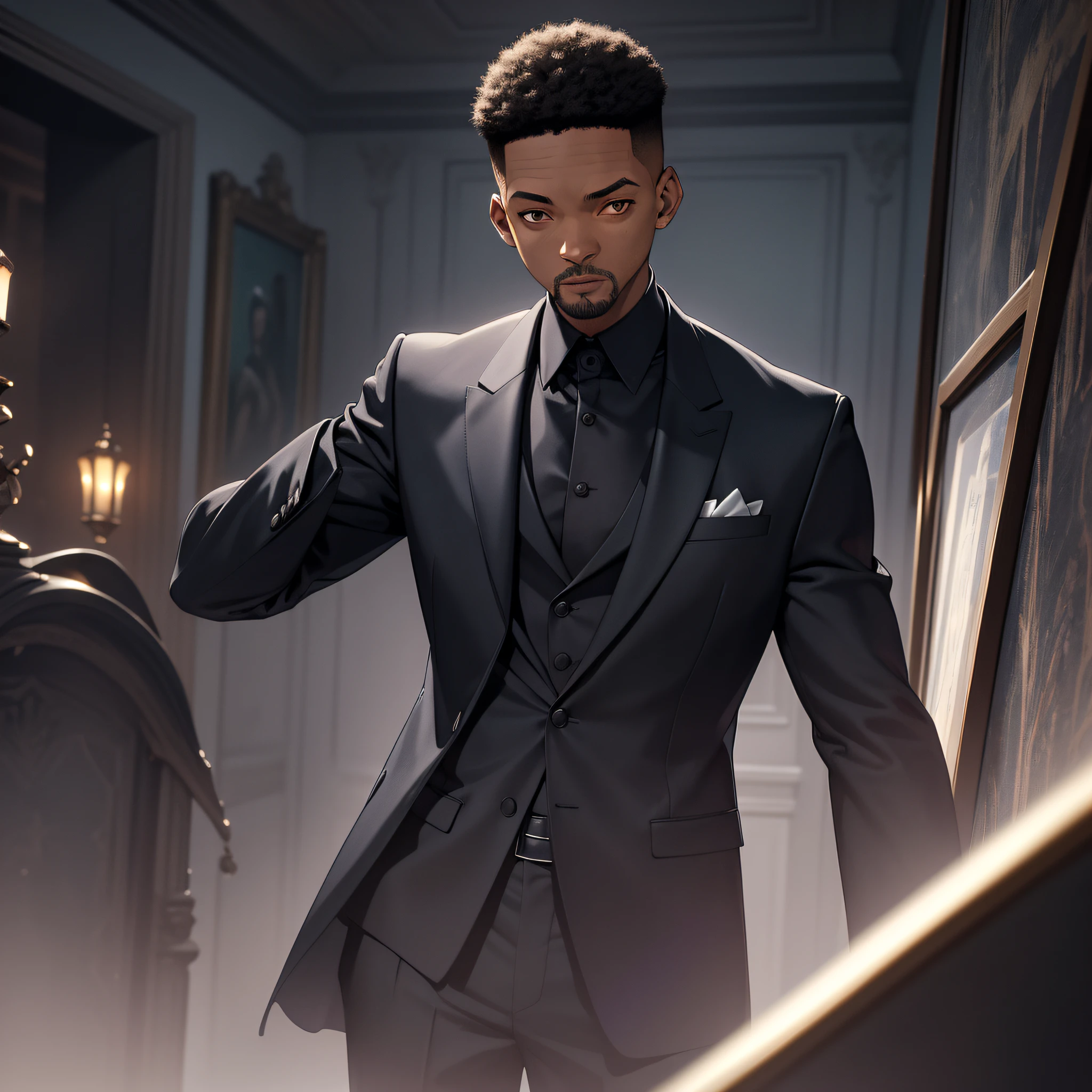 Absurd resolution, high resolution, (masterpiece: 1.4), hyperdetail, young man Will Smith, black suit, spooky room, serious expression (1.3)