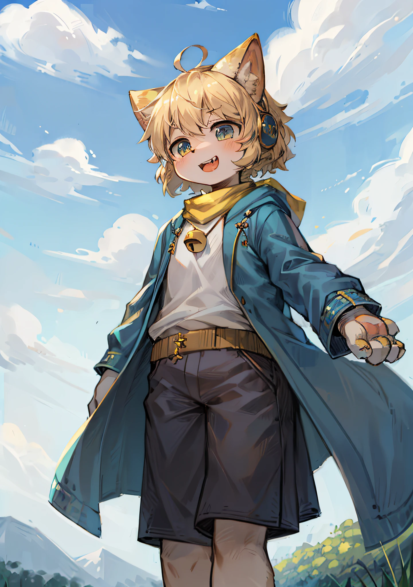 field, garden, band-aid, short hair, blonde, ahoge, bell, headphones, lower body, child, furry, cat ears, open mouth, tongue sticking out, teeth exposed on both sides, clouds, sky, sky, in summer, no spots, cubs, yellow fur everywhere, cat ears, cat type, big fluffy tail, masterpiece, high-quality portrait, human figure, cub, beard, lone child boy, wind, posing, selling cute, full shot, sky blue coat, gray shorts, yellow scarf, White shirt, super cute face, furry paws