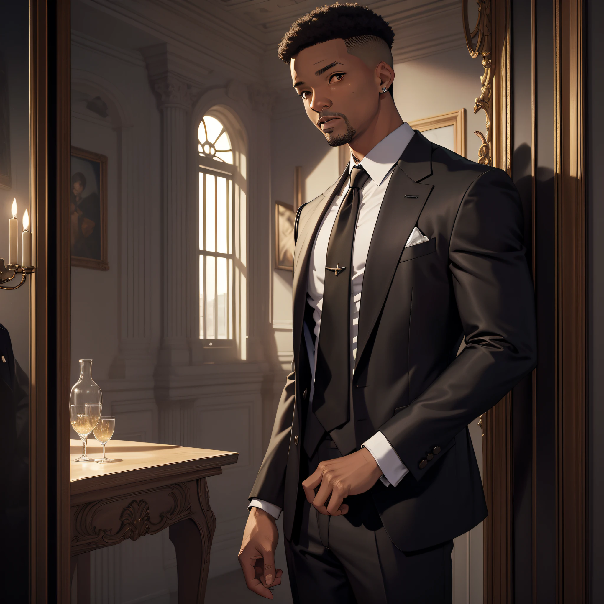 Absurd resolution, high resolution, (masterpiece: 1.4), hyperdetail, young man Will Smith, black suit, spooky room, serious expression (1.3)