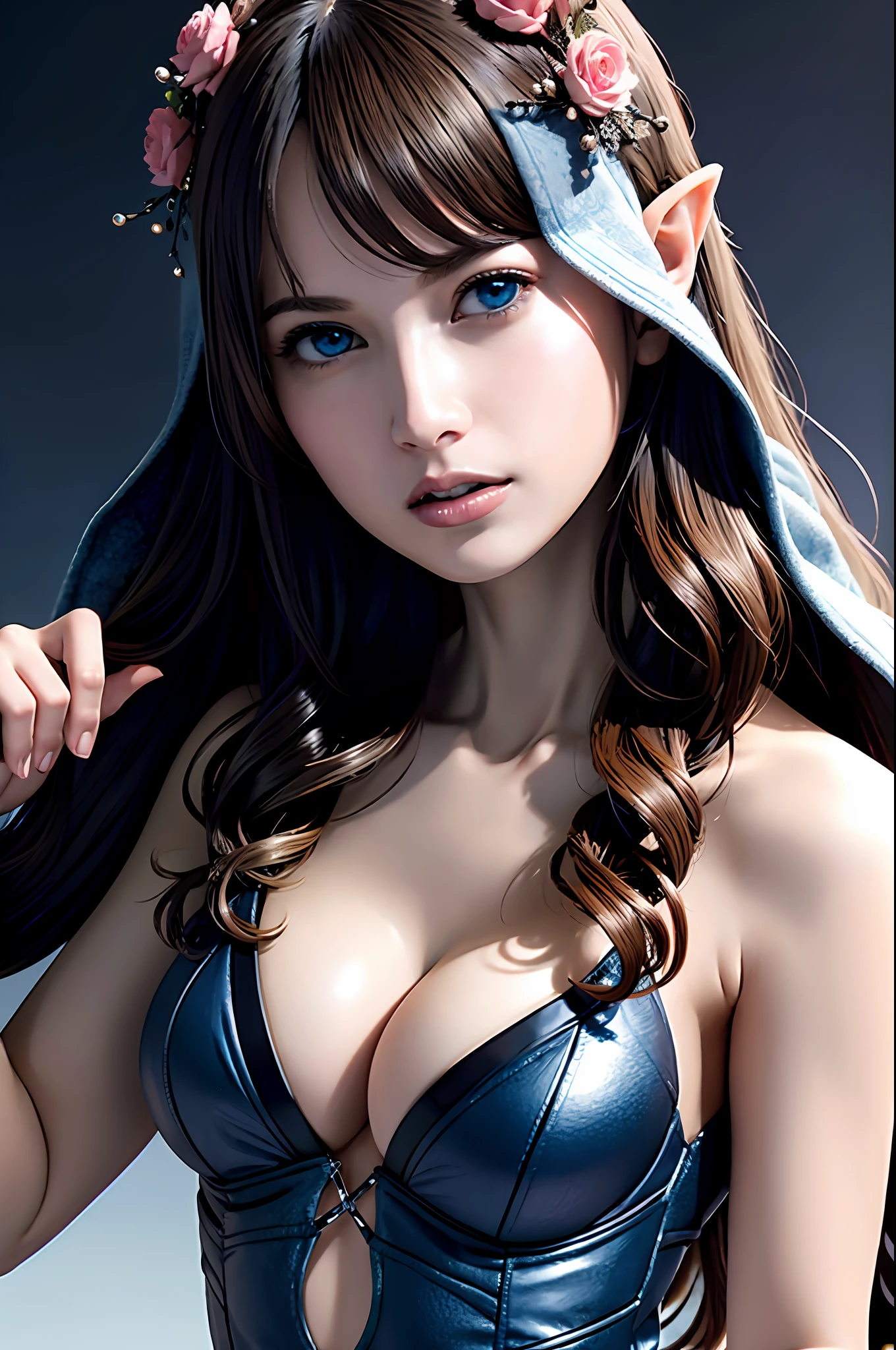 Ultra-detailed complex 3D rendering of face, (Colossal: 8.8), (masterpiece, top quality, octane rendering,), glamour shots full body image, very beautiful young elf, cleavage, (very detailed skin: 1.2), (exposure: 1.1), blonde, pretty woman getting naked. (Wearing a plummeting open shirt of white silk: 1.5.) 40k, ((very soft breasts)), ((conspicuous large pink areola)). Beautiful Caucasian woman with black skin with full soft breasts and black skin of big ass, one, long braided hair, big breasts, dynamic angle, mystical expression, ultra-realistic photo, (((portrait)))), bare feet, futuristic city background, facial muscles, detailed and beautiful gold crown, in the style of Marvel Comics, ArtStation trends, clear focus, studio photography, Intricate detail, highly detailed, detailed blue eyes, highly detailed, sharp focus, digital rendering, professional, abs, dark gray background,