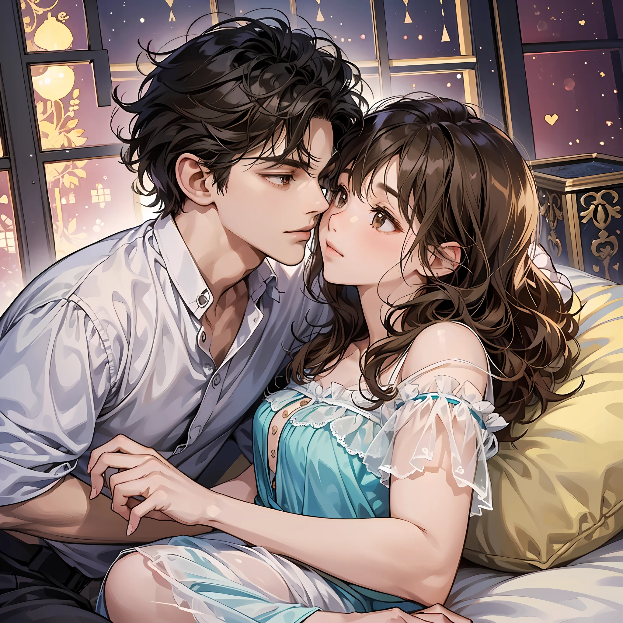(a boy and a girl boyfriends), (they are young), 3D they Sam animated anime type manga, the girl has curly hair light brown Brazilian generation but has a little eye pulled, the boy has brown skin only hair annulled light black hair brown eyes, they are in the room of the girl well clinging giving affection to the other, good-quality (room all decorated and they are in bed), (they having fun and showing their love to each other), they kissing on the honeymoon night, --auto --s2