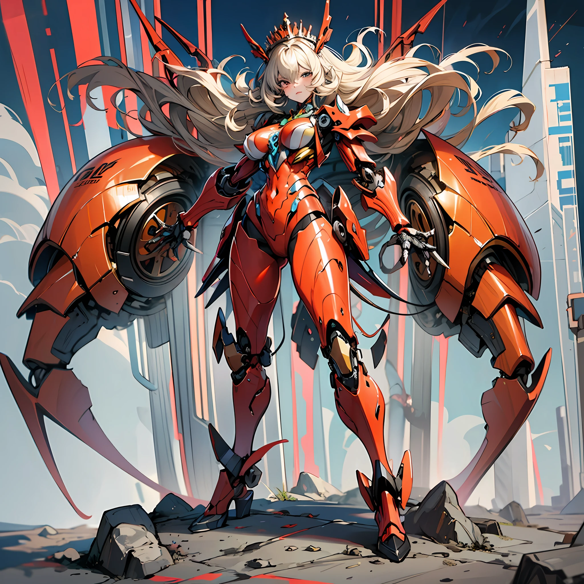 Woman in king crab color costume, best anime 4K wallpaper, full body, cyberpunkta crab, mechanized valkyrie girl, biomechanical, highly detailed artgerm based on king crab, cyborg king crab, anime style 4k, king crab