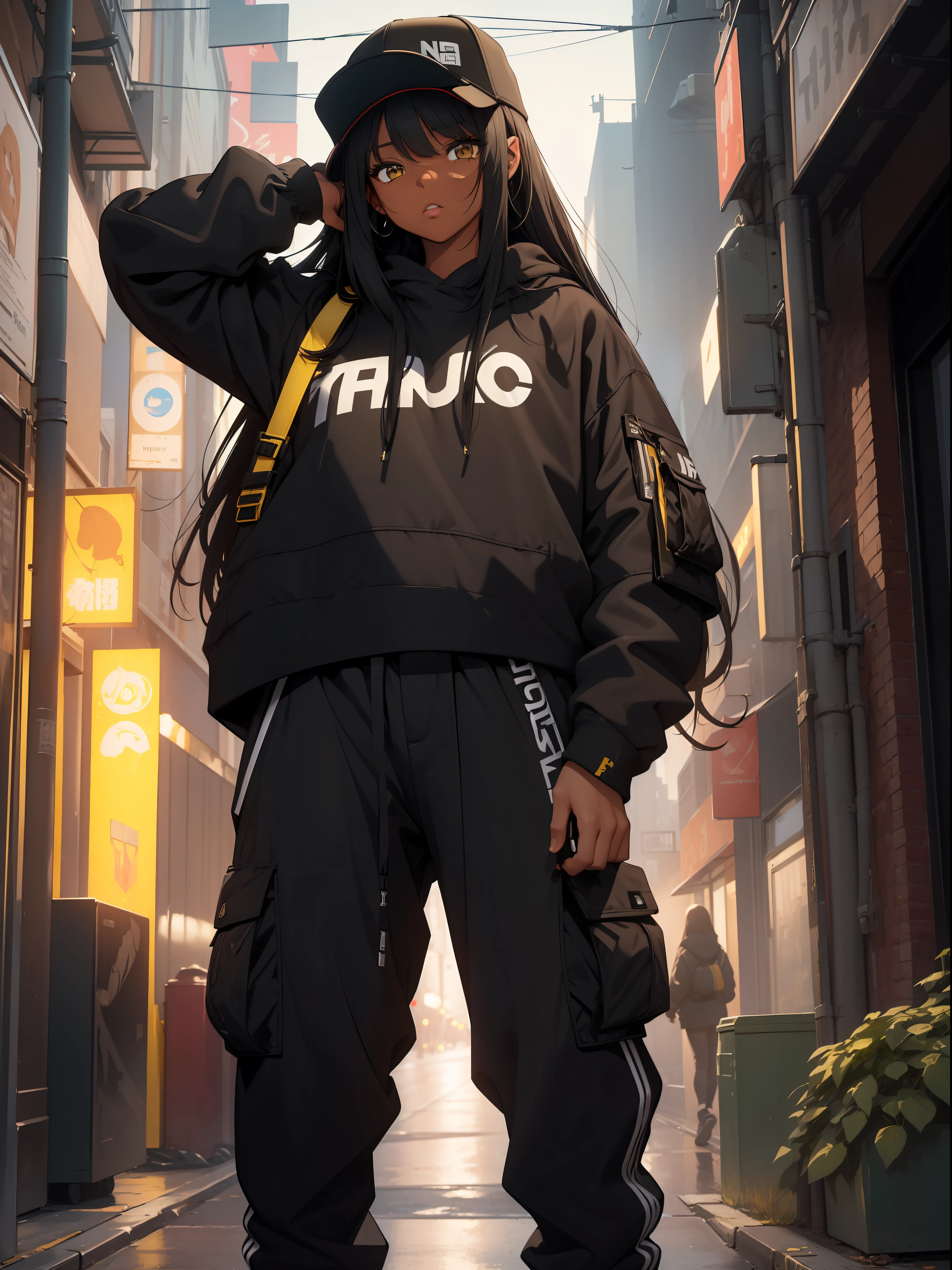 (masterpiece:1.4), 1girl, Streetwear,cargo pants, street, (masterpiece, best quality, highres, ultra detailed ), night, depth of field, absurdres, (masterpiece:1.4), ultra-detailed, 1girl, dark-skinned, stand up, black and yellow, long black wildly hair with white streaks