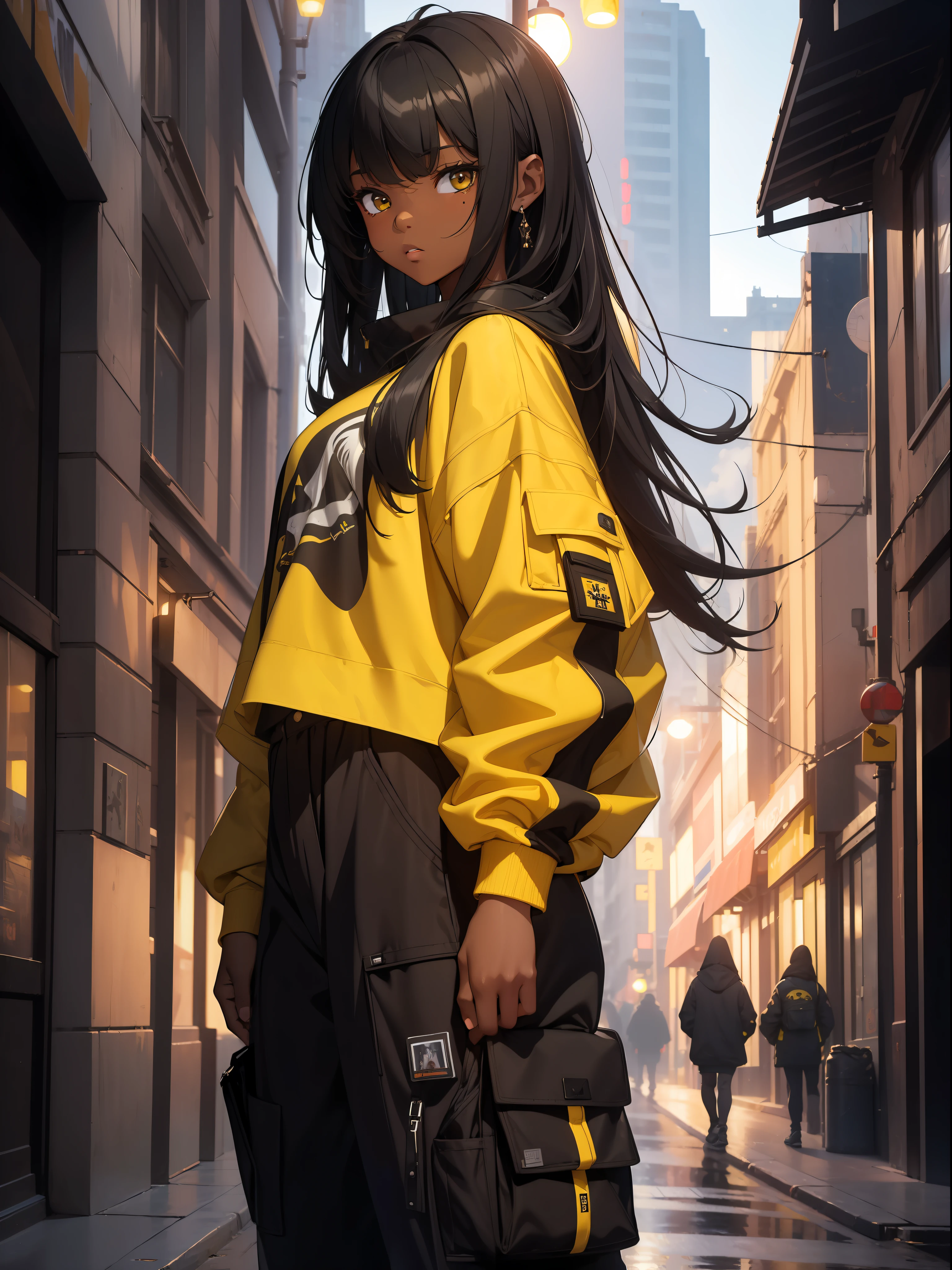 (masterpiece:1.4), 1girl, Streetwear,cargo pants, street, (masterpiece, best quality, highres, ultra detailed ), night, depth of field, absurdres, (masterpiece:1.4), ultra-detailed, 1girl, dark-skinned, stand up, black and yellow, long black wildly hair with white streaks