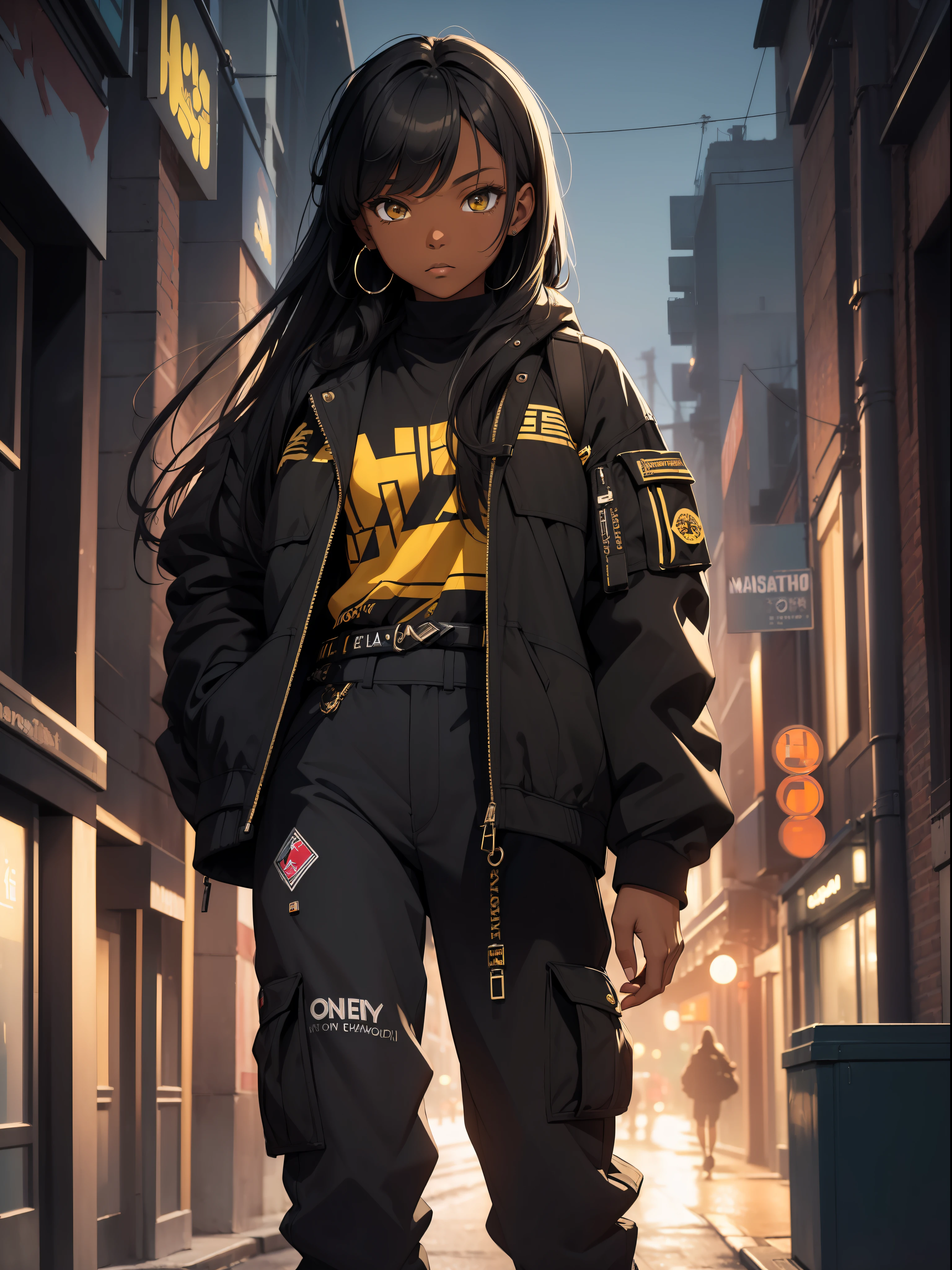 (masterpiece:1.4), 1girl, Streetwear,cargo pants, street, (masterpiece, best quality, highres, ultra detailed ), night, depth of field, absurdres, (masterpiece:1.4), ultra-detailed, 1girl, dark-skinned, stand up, black and yellow, long black wildly hair with white streaks