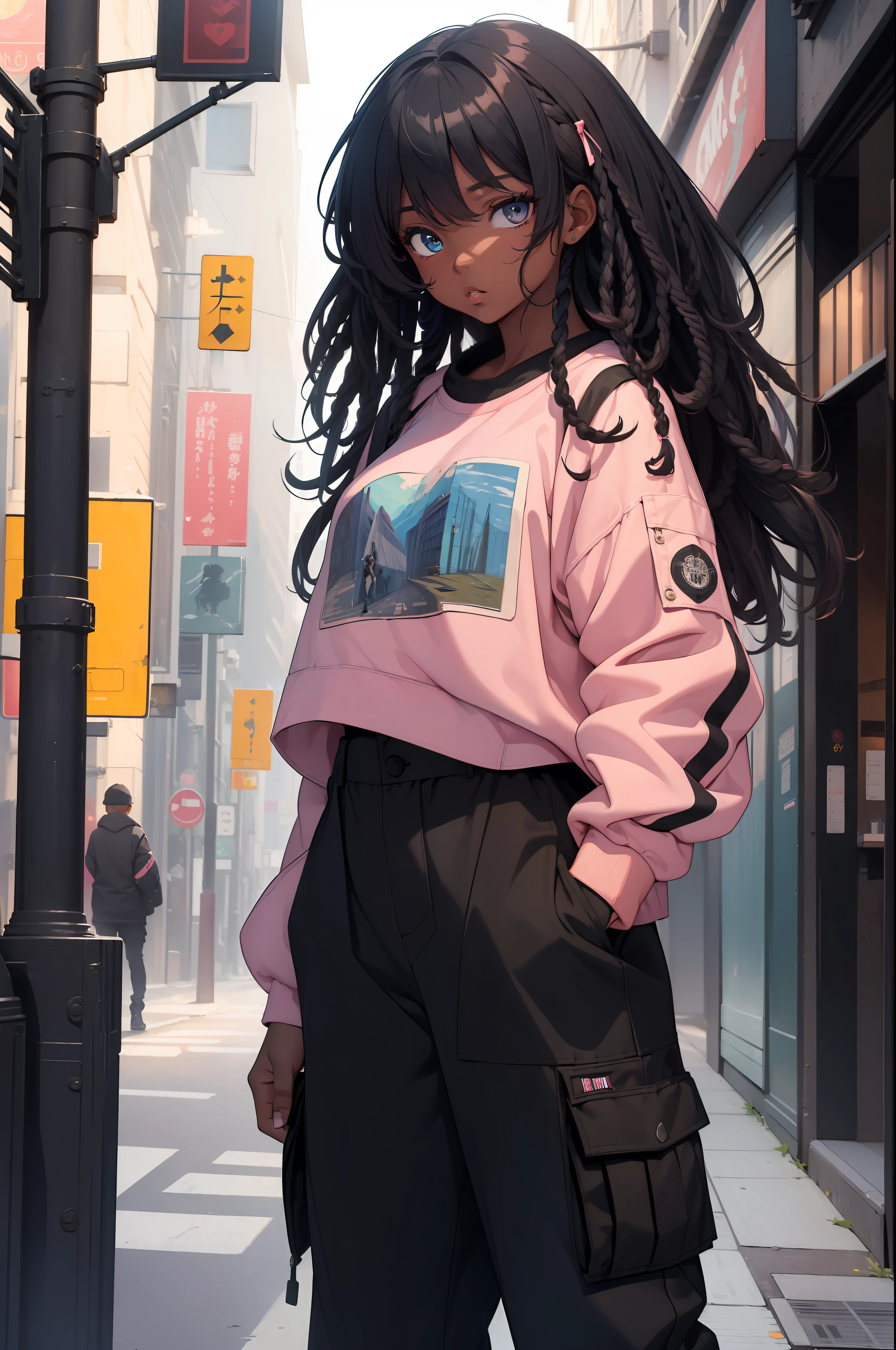 (masterpiece:1.4), 1girl, Streetwear,cargo pants, street, (masterpiece, best quality, highres, ultra detailed ), night, depth of field, absurdres, (masterpiece:1.4), ultra-detailed, 1girl, dark-skinned, stand up, black and pink, long blue curly hair with black streaks