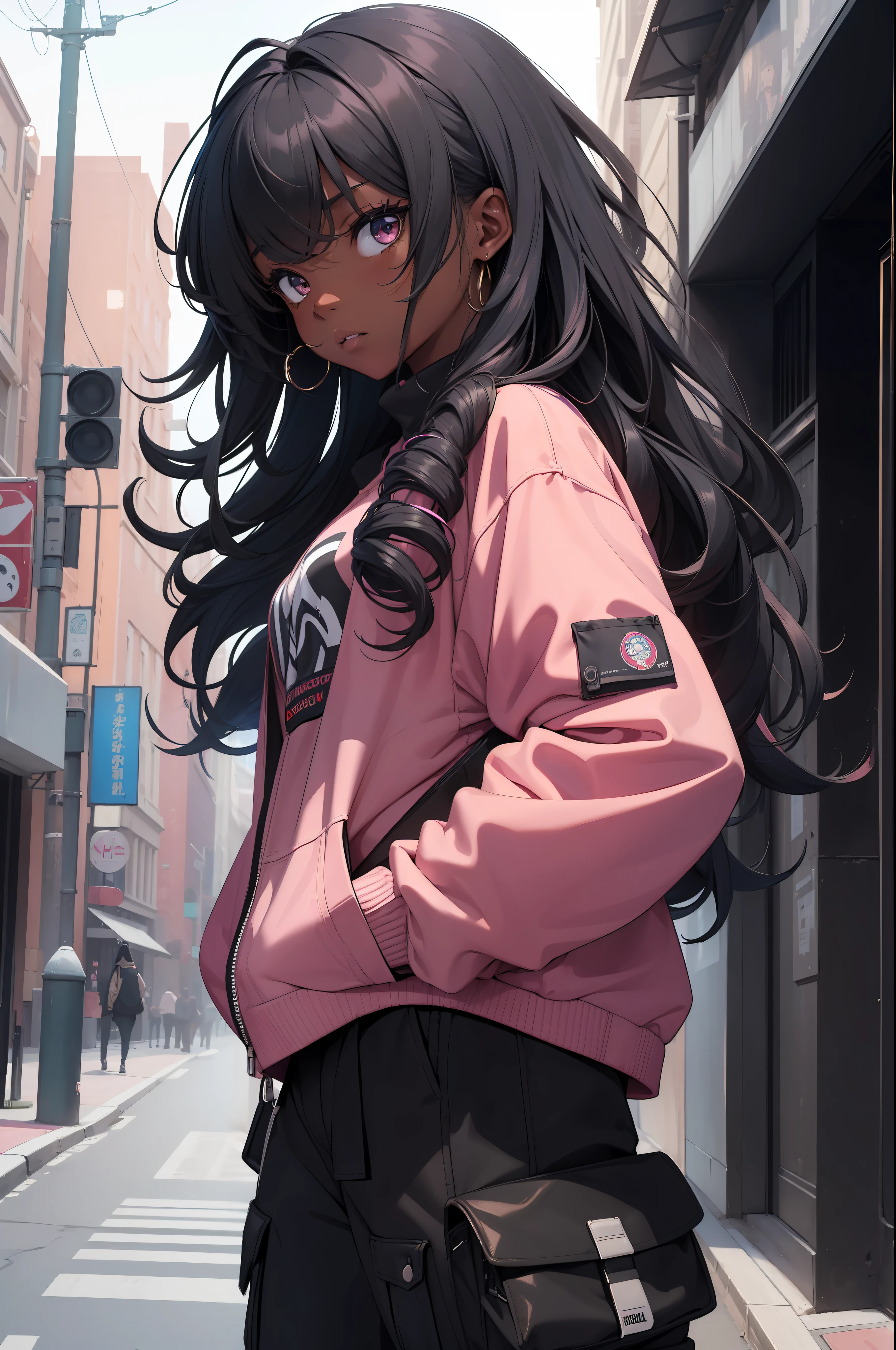 (masterpiece:1.4), 1girl, Streetwear,cargo pants, street, (masterpiece, best quality, highres, ultra detailed ), night, depth of field, absurdres, (masterpiece:1.4), ultra-detailed, 1girl, dark-skinned, stand up, black and pink, long blue curly hair with black streaks