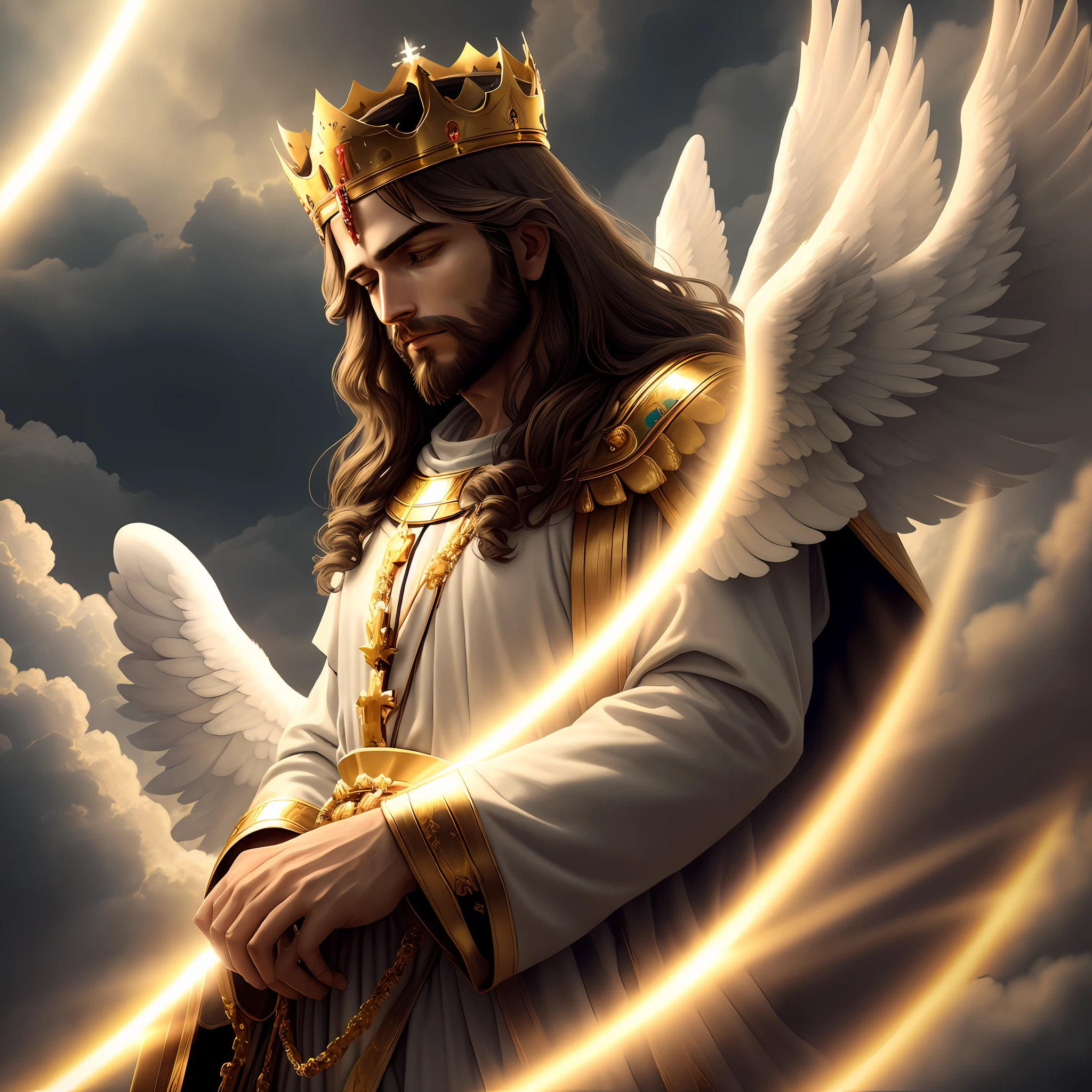 "Amidst the voluminous clouds, Jesus, the majestic king, sits gracefully adorned with a golden crown. In a wide shot, He is accompanied by His army of angels as He prepares to return triumphantly to Earth, surrounded by the ethereal radiance of volumetric light."