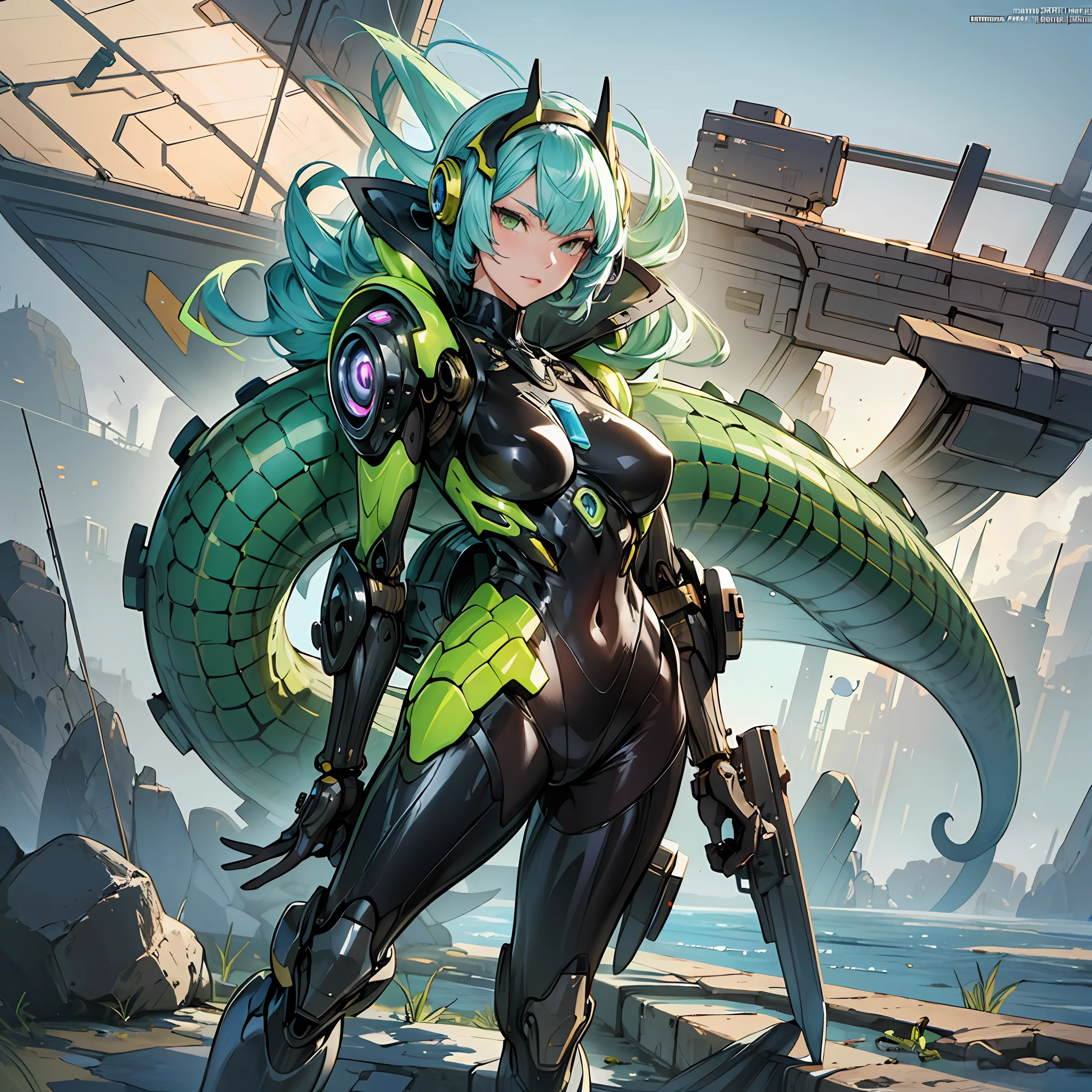 Woman in Moray Eel Color Costume, Best Anime 4K Wallpaper, Full Body, Cyberpunk Moray Eels, Mechanized Valkyrie Girl, Biomechanical, Highly Detailed Artgerm Based on Moray Eels, Cyborg Moray Eels, Anime Style 4K, Moray Eels