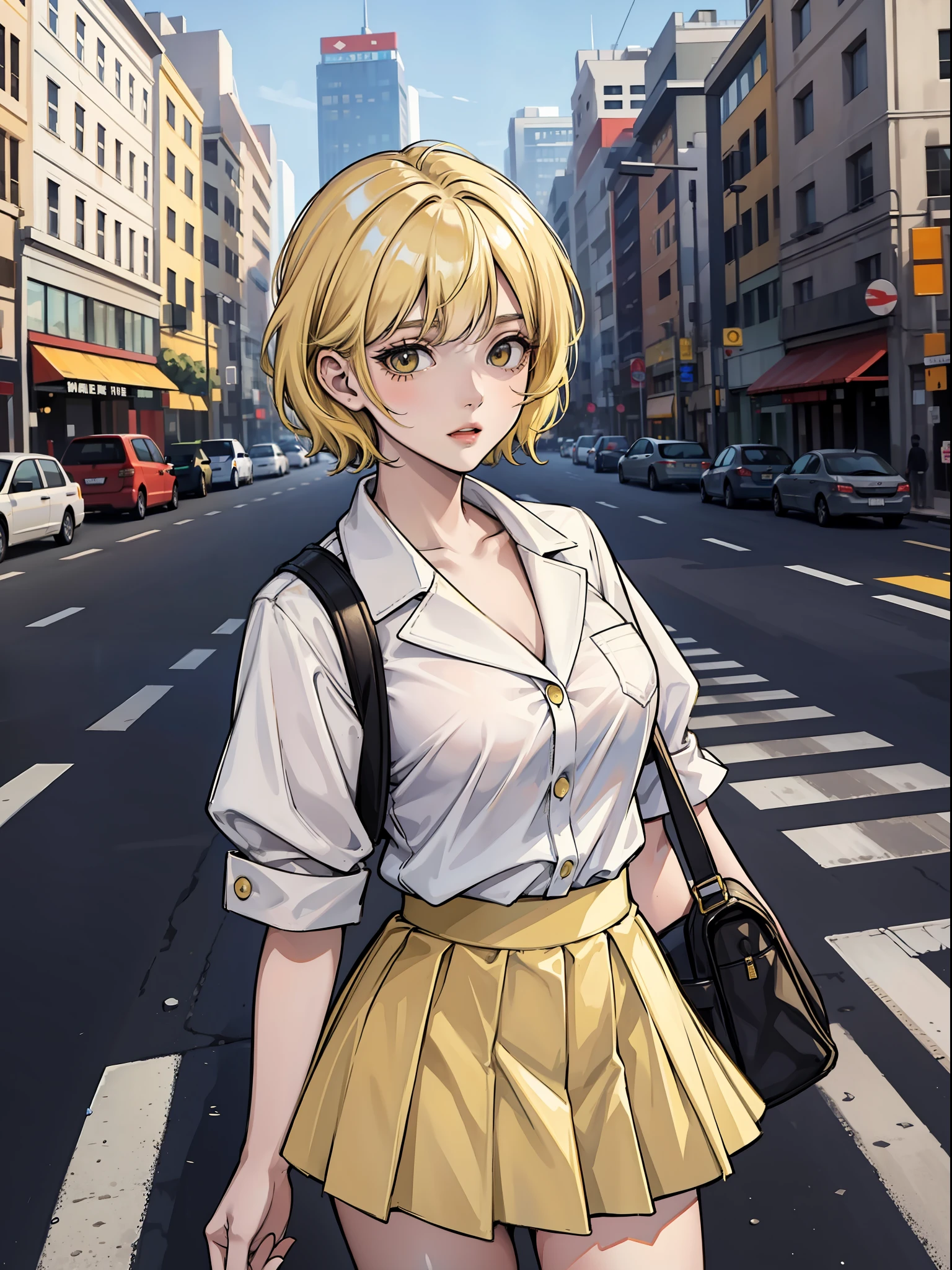 Short yellow hair, woman, white clothes, yellow short skirt, mocking expression, urban, roadside