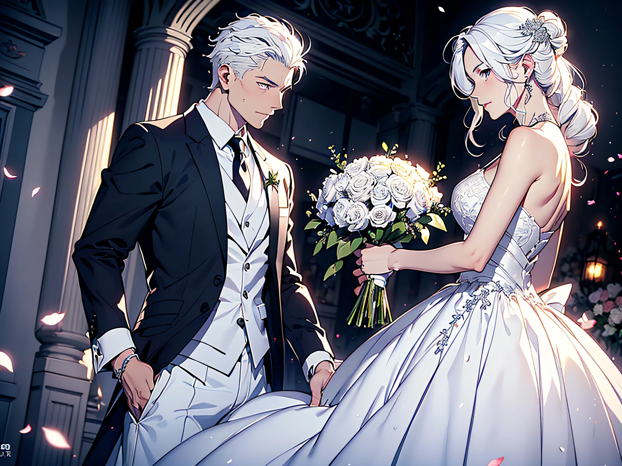 (A white-haired man holds a bouquet of flowers, facing a woman in a wedding dress, with petals swirling around: 1.8) (Church setting: 1.9) (Anime movie background: 1.4) (Masterpiece: 1.5) (High quality, high resolution: 1.4)