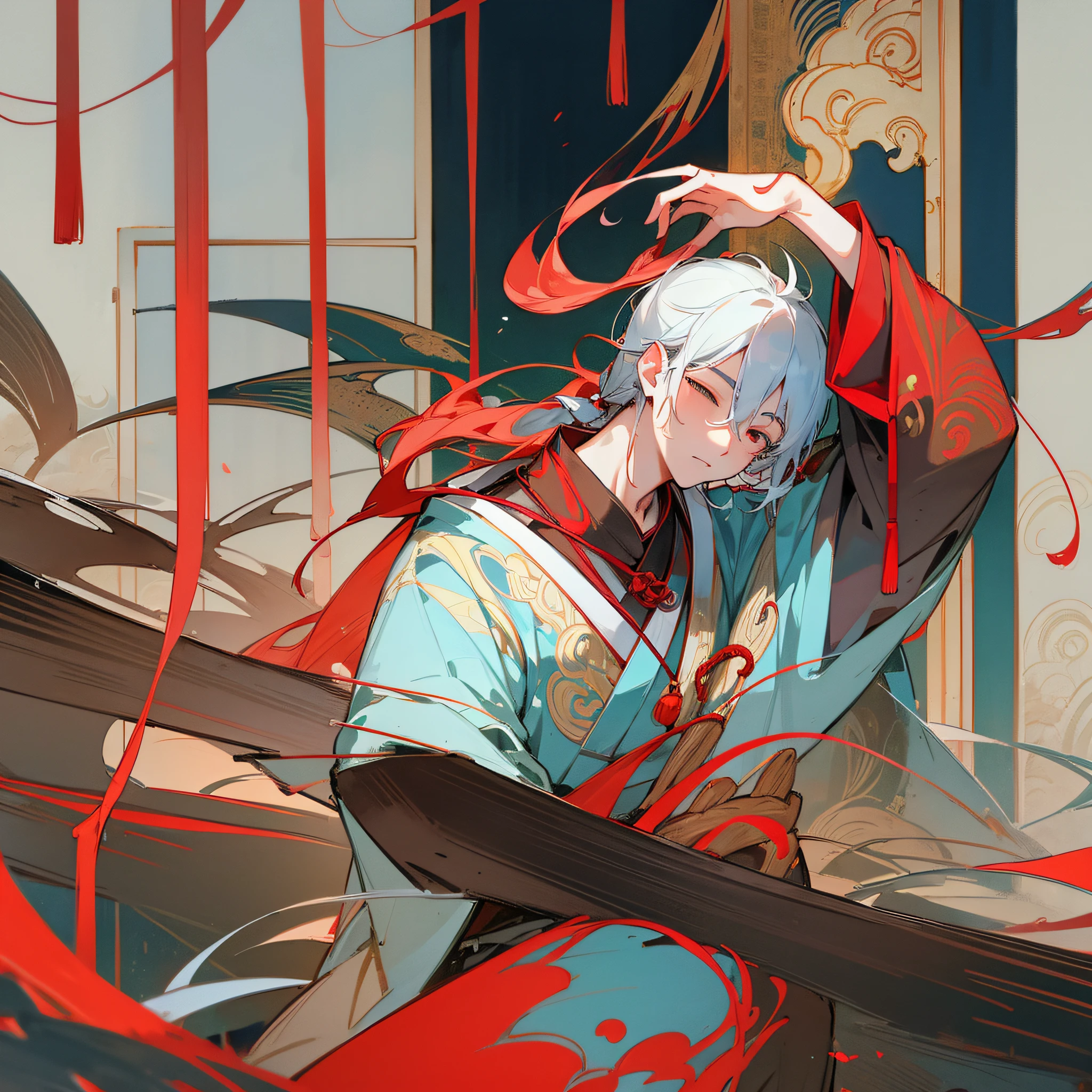 Ancient Chinese scholar, boy1, Qixi, bowed his head, holding the red thread in his hand, thickly painted sideways