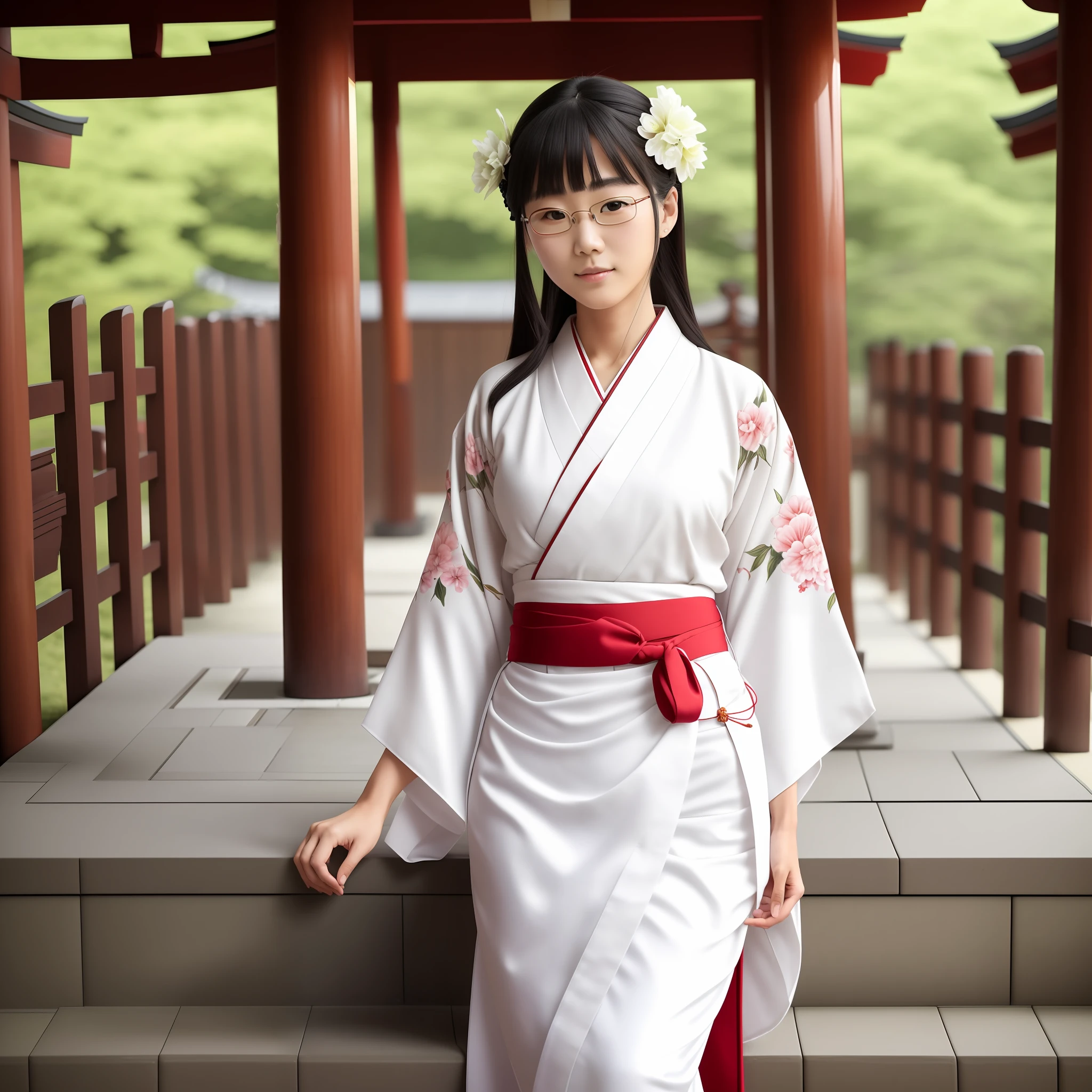 NSFW, 8K Raw Photography, Best Quality, Masterpiece, Ultra HD, Film Grain, filmg, 1girl, Watch Viewer, Natural Skin Texture, Realistic Eye and Face Details,
The occupation is a priestess (Shinto priesthood of Japan shrines), priestess costume (white kimono) (red hakama (a type of clothing worn below the waist in Japanese clothing. Wearing a kimono over a kimono and tied with a string)) (white tabi socks),
Japan people, glasses, 1 8 years old, 1 person (Akiko Takase, Kazue Kato, , Aya Takano, Etsuko Miura, Genzi, Tsugumi Oba, Chiho, Rinko Kawaichi, Takeyuki Kanda),
Height 158 cm, weight 53 kg, bust 83 cm (D cup), waist 61 cm, hips 86 cm,
His personality is naïve,
Smooth black hair that extends to the shoulders (bunched into one), bangs,
The place is the main shrine of a large shrine in Japan,
In front of the altar, dancing kagura with a smile,
Solo , Full Body