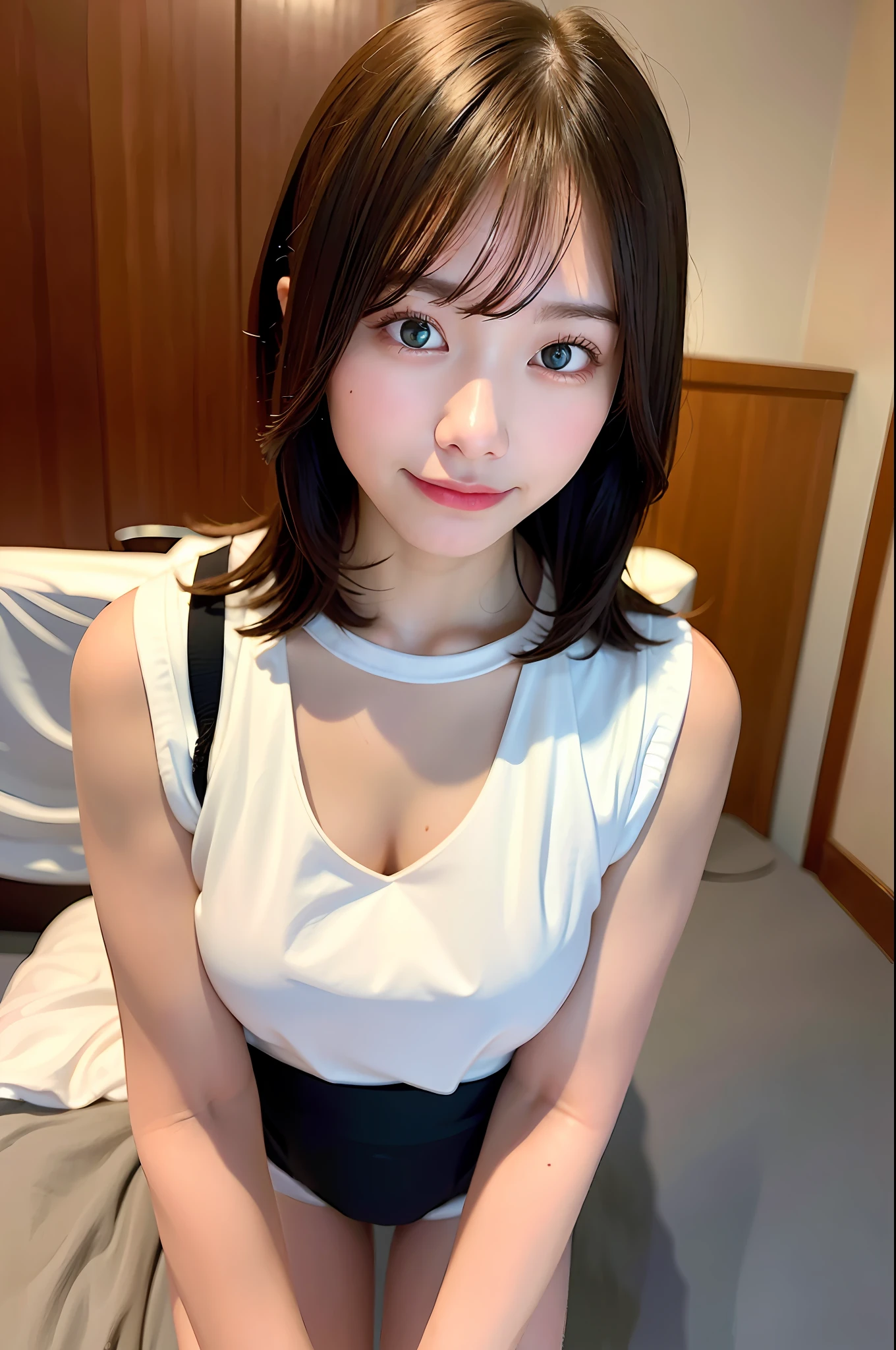 Good hands, 4K, high resolution, masterpiece, top quality, head: 1.3, (Hasselblad photo)), fine skin, sharp focus, (cinematic lighting), soft lighting, dynamic angle, [:( more face: 1.2):0.2], side wrinkles, thigh gaps, black plager, slender, small breasts, (5-star hotel bedroom: 1.3), (open mouth: 1.6), half-open eyes, (ahe-face: 1.5)