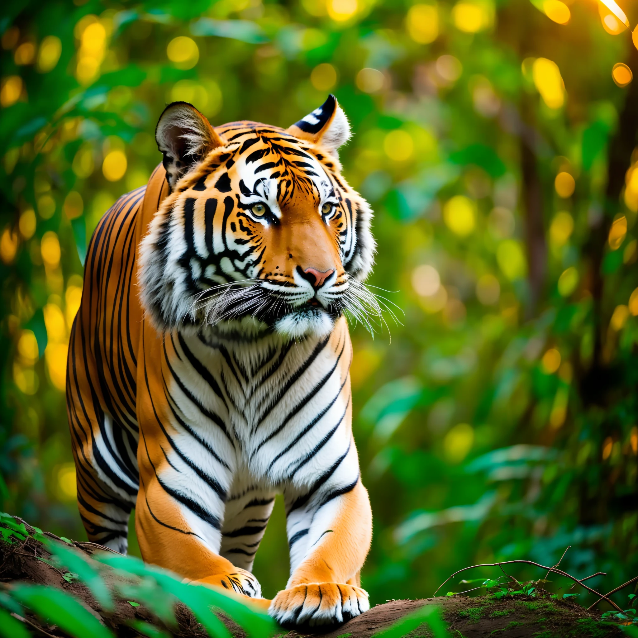 A photo of a tiger with a lush jungle background, during the golden hour with warm sunlight and shot with a telephoto lens using a Canon EF 100-400mm lens --ar 16:9 --auto --s2