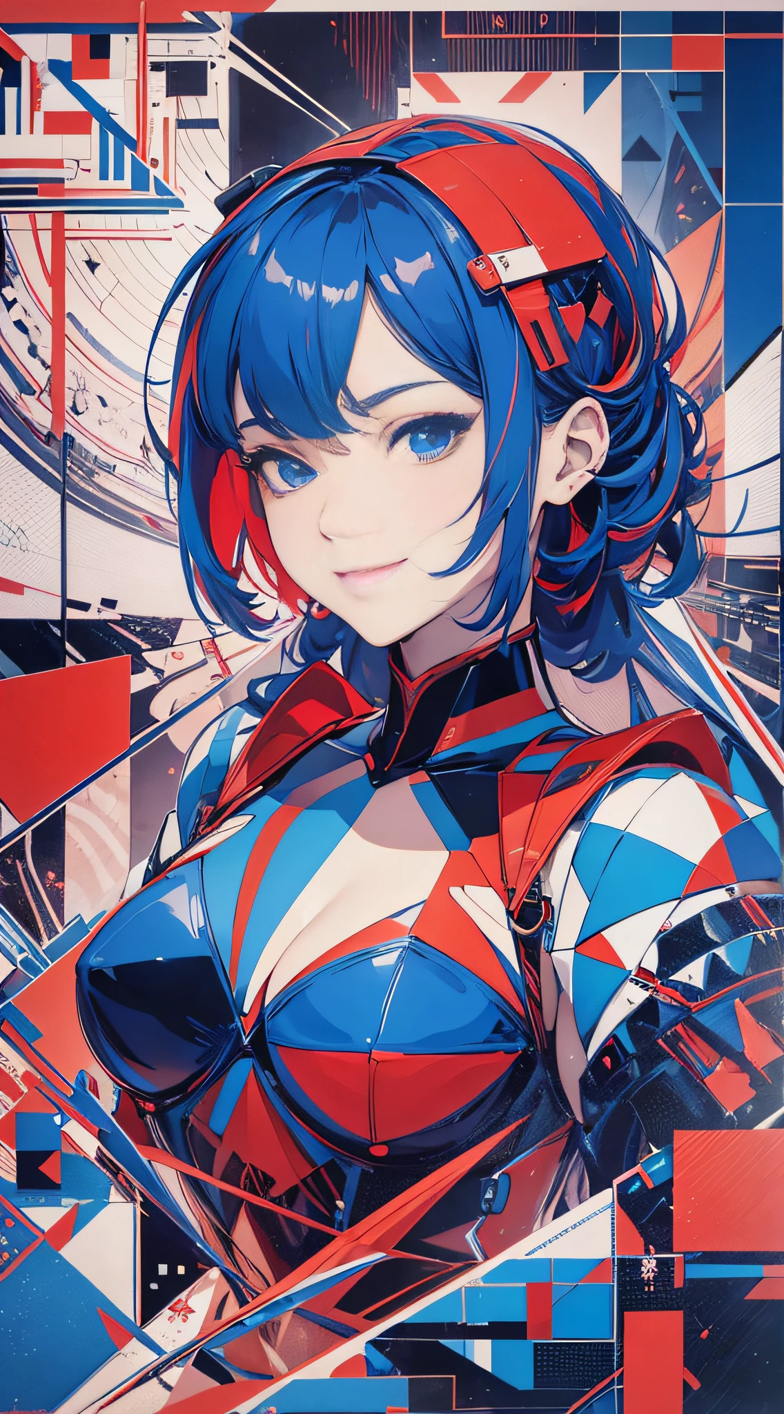 Masterpiece, best quality, young beautiful girl, super detailed, official art, Unity 8k wallpaper, Smirk, (red and blue): 1.5, cubist inspiration, (geometric shapes): 1.2, fragmented form, multiple viewpoints, abstract design, bold colors, modernist influence