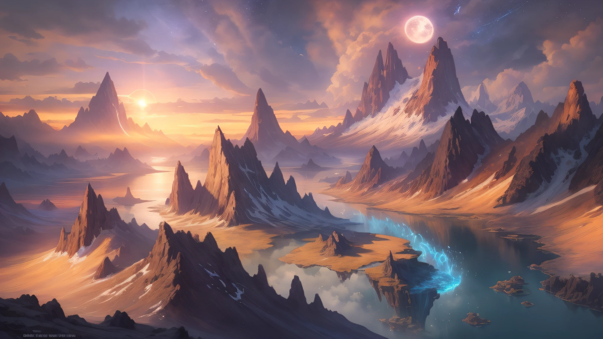 (enlarged: 1.1), mountains and a lake with a moon in the sky, 4k highly detailed digital art, 4k hd very detailed wallpaper, stunning fantasy landscape, sci-fi fantasy desktop wallpaper, unreal engine 4k wallpaper, 4k detailed digital art, sci-fi fantasy wallpaper, epic dreamlike fantasy landscape, 4k hd matte digital painting, 8k stunning art