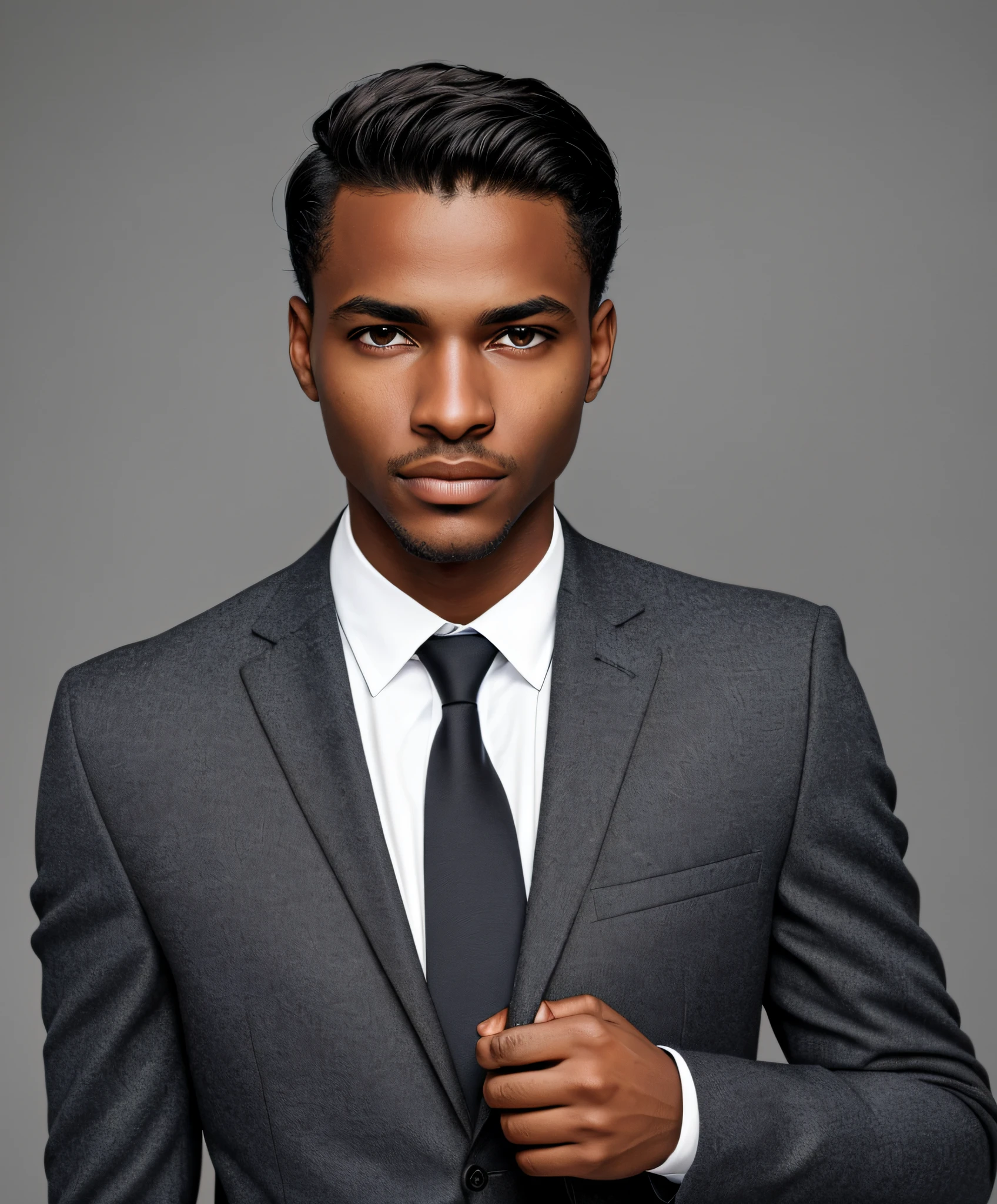 man in suit, discreet, wearing business black suit, no beard, black skin, neat model, showing full face and head, no duplicate image, professional profile picture, office clothes, high-res, masterpiece, best quality, intricate details, highly detailed, sharp focus, texture, detailed eyes, professional, 4k