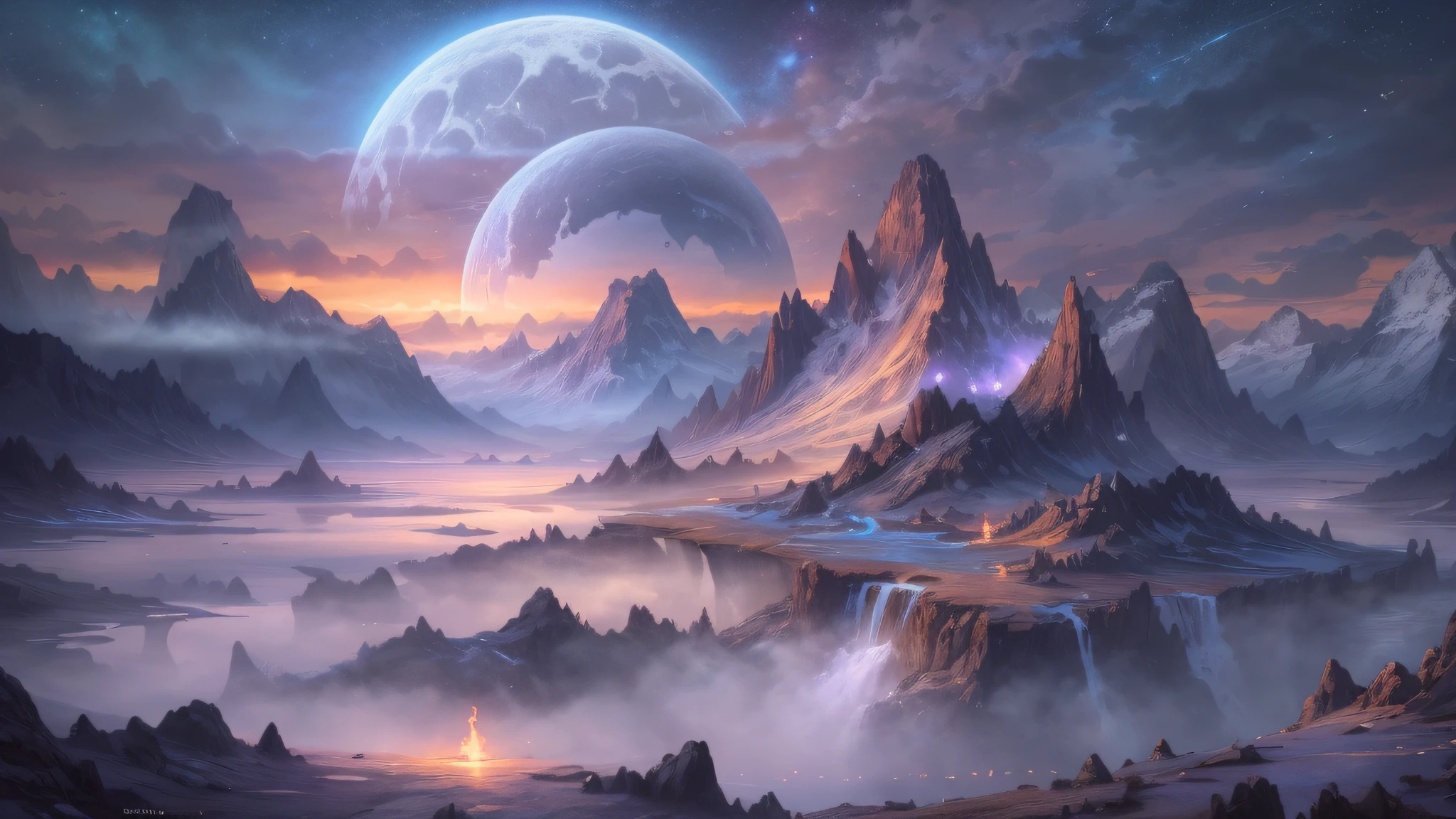 (enlarged: 1.1), mountains and a lake with a moon in the sky, 4k highly detailed digital art, 4k hd very detailed wallpaper, stunning fantasy landscape, sci-fi fantasy desktop wallpaper, unreal engine 4k wallpaper, 4k detailed digital art, sci-fi fantasy wallpaper, epic dreamlike fantasy landscape, 4k hd matte digital painting, 8k stunning art