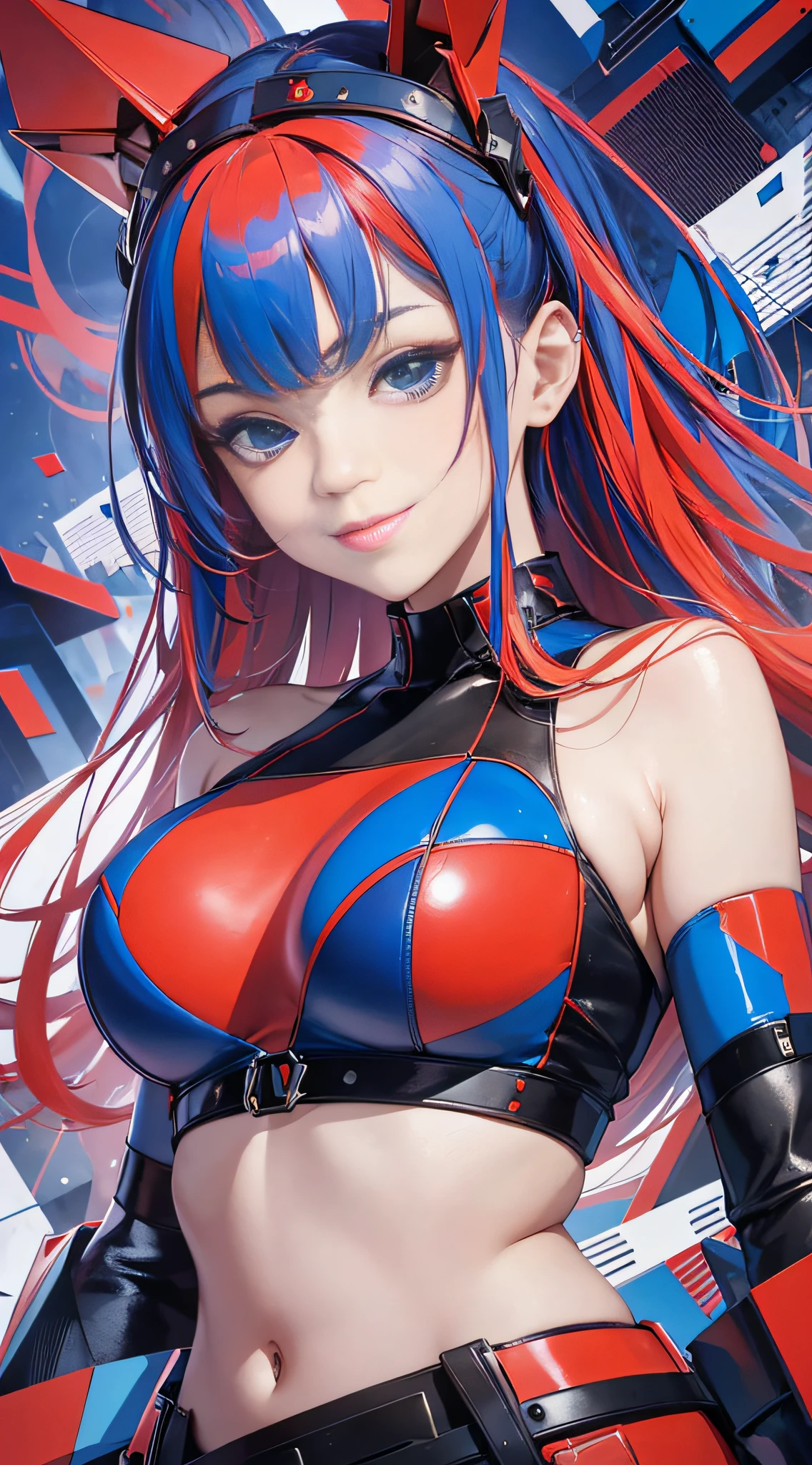 Masterpiece, best quality, young beautiful girl, super detailed, official art, Unity 8k wallpaper, Smirk, (red and blue): 1.5, cubist inspiration, (geometric shapes): 1.2, fragmented form, multiple viewpoints, abstract design, bold colors, modernist influence