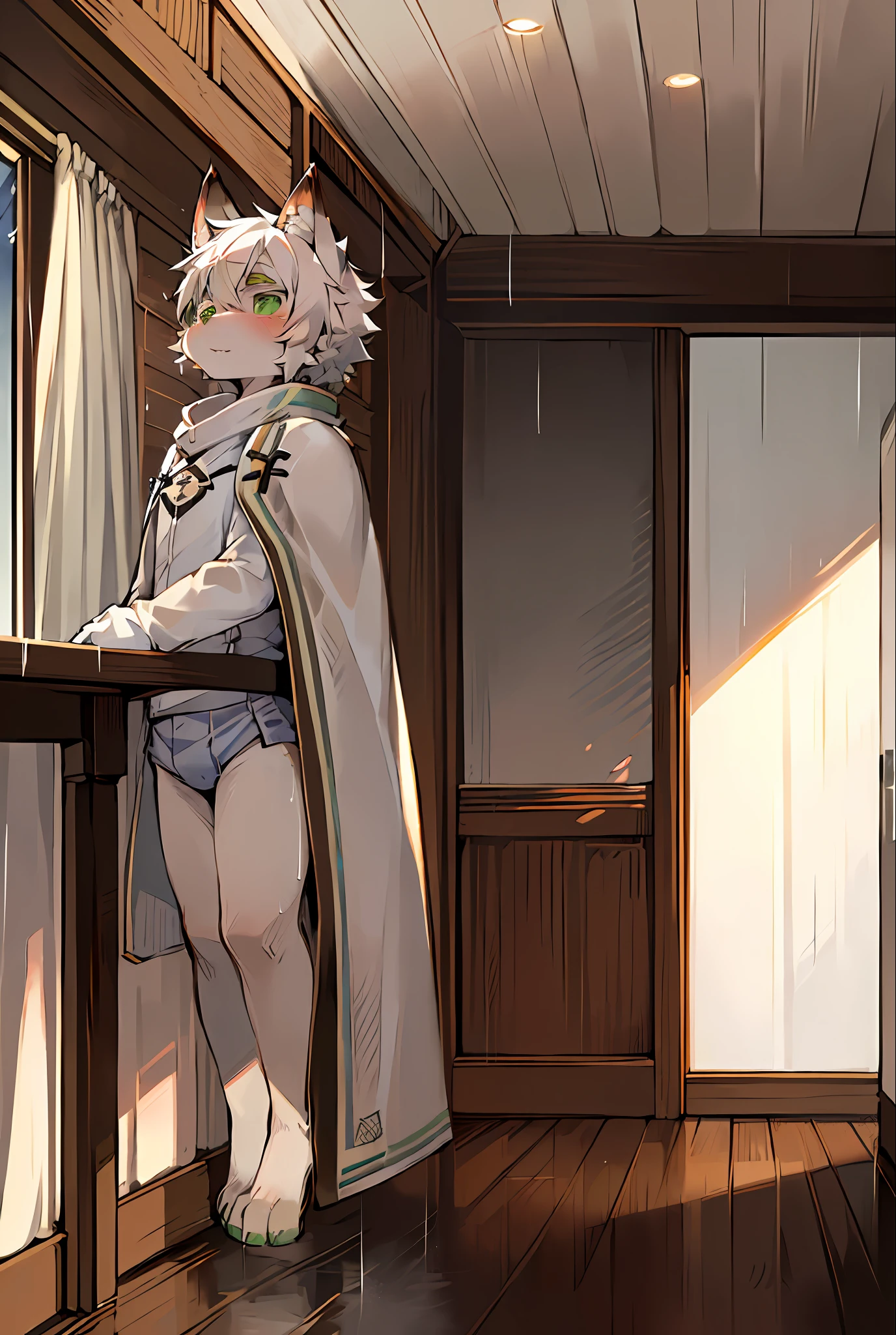 Masterpiece, high quality, absurd resolution, digital painting \ (artwork\), by dagasi, yupa, kiyosan, (furry, furry male, male focus, anthr, (full body fur, fluffy tail, white fur, dark green eyes, white hair: 1.2), (long canine, wind element, white cape, sabre: 1.2), (interior, bridgeside, rainy days: 1, 2
