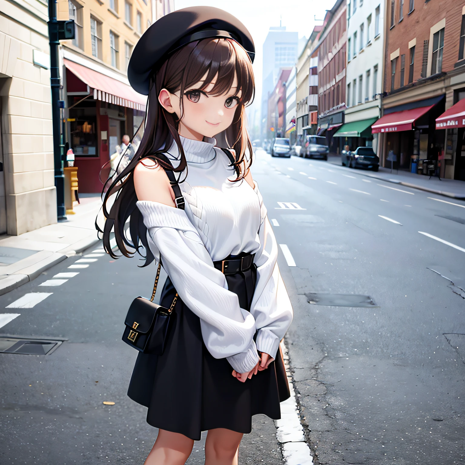 masterpiece, best quality, 1girl, bag, upper body, street, bangs, bare shoulders, beret, black footwear, black headwear, brown eyes, brown hair, Smile, Passionate, handbag, hat, holding, longhair, long sleeves, looking_at_viewer, off shoulder, shoes, skirt, sleeves_past_wrists, socks, solo, sweater, white legwear Negative, standing, side view,