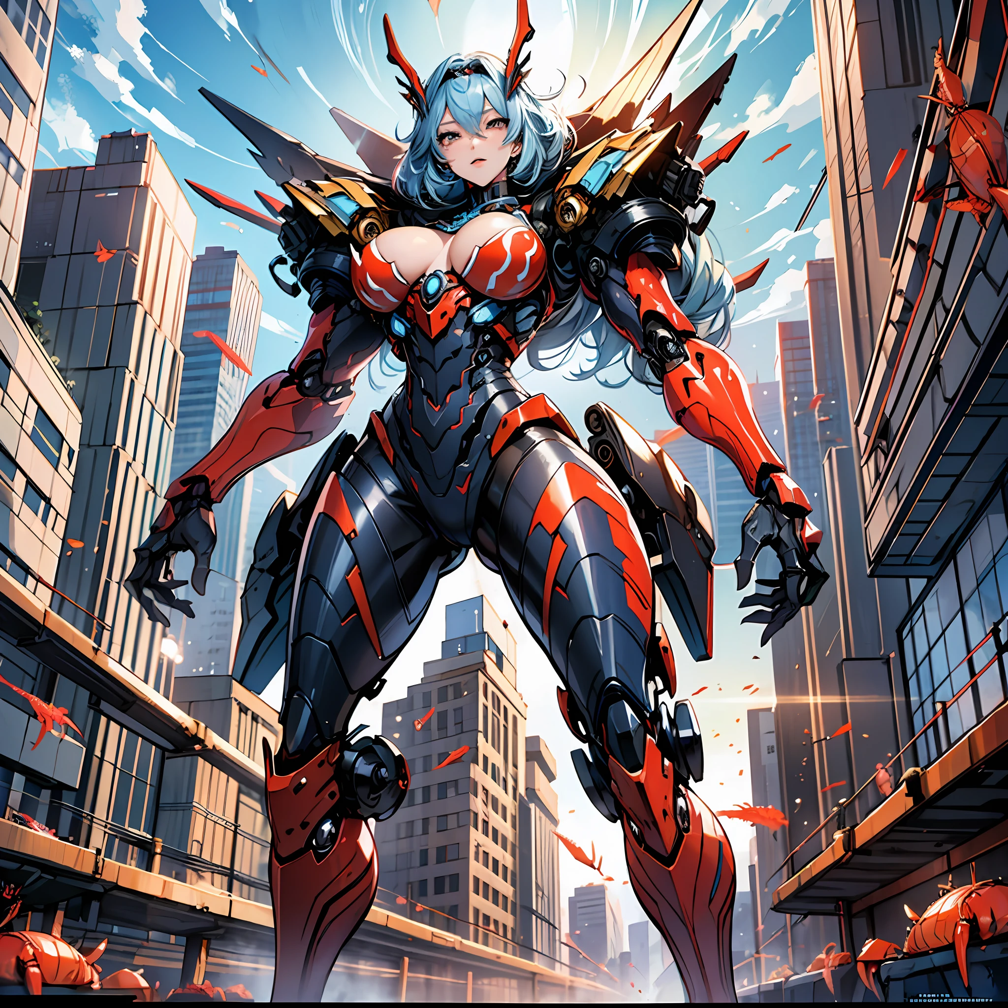 Woman in king crab color costume, best anime 4K wallpaper, full body, cyberpunkta crab, mechanized valkyrie girl, biomechanical, highly detailed artgerm based on king crab, cyborg king crab, anime style 4k, king crab