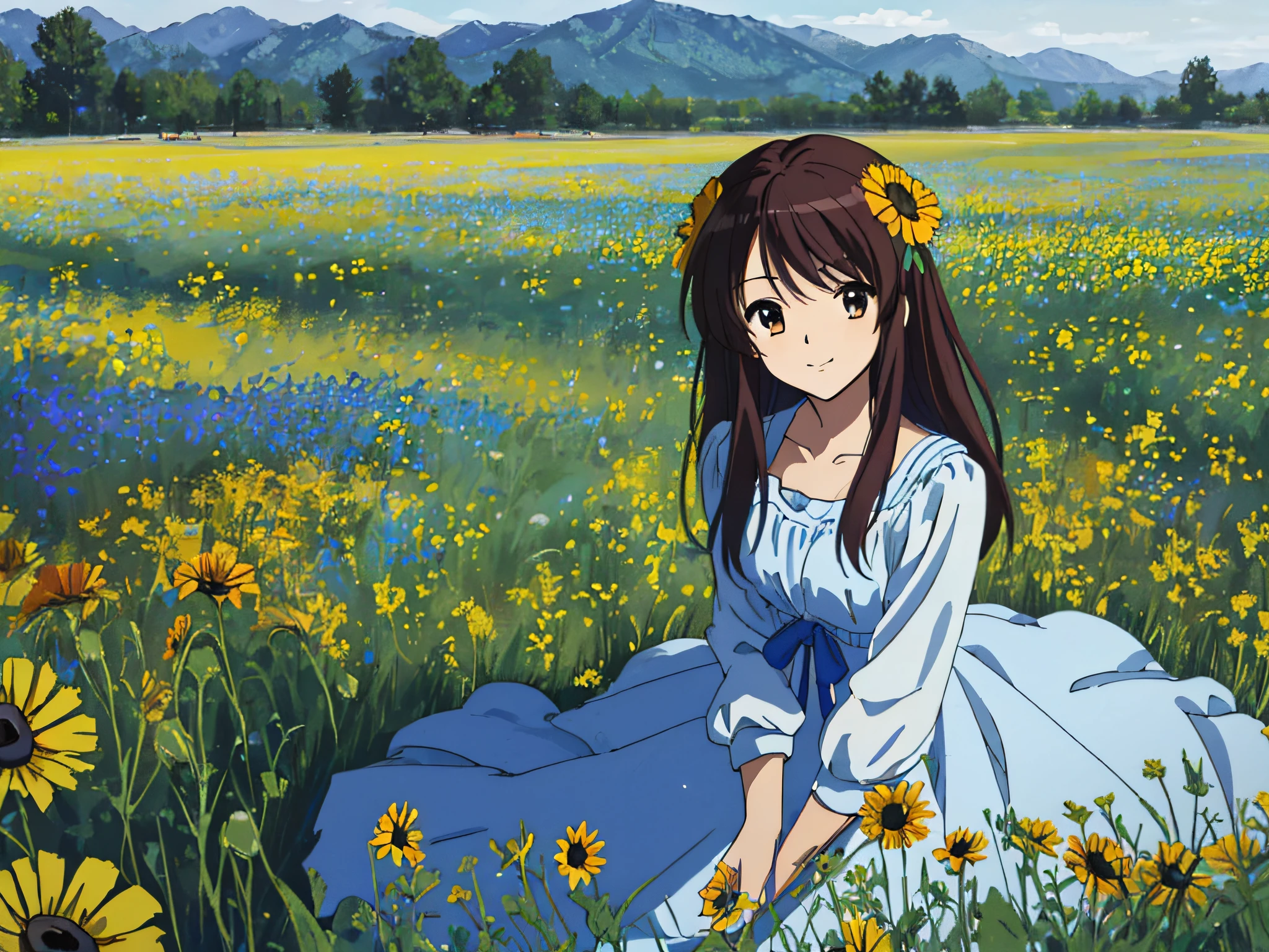 ((masterpiece)), (8k, high_resolution),(best quality), 1girl, solo, Haruhi suzumiya, (dress, white-blue-red dress, the upper part of the dress is white, the middle part of the dress is blue, the lower part of the dress is red, dresses in the colors of the French flag, ((very detailed face)), mysterious look, without a smile) meadow, field, large field, meadow flowers and grasses, landscape, deserted, (darkening), no sun, twilight, summer, Kyoani Haruh style, (meadow white and blue and red flowers,  white poppy flowers, no trees, no forest, only meadow, only meadow with flowers), no sunflowers, no sunflowers