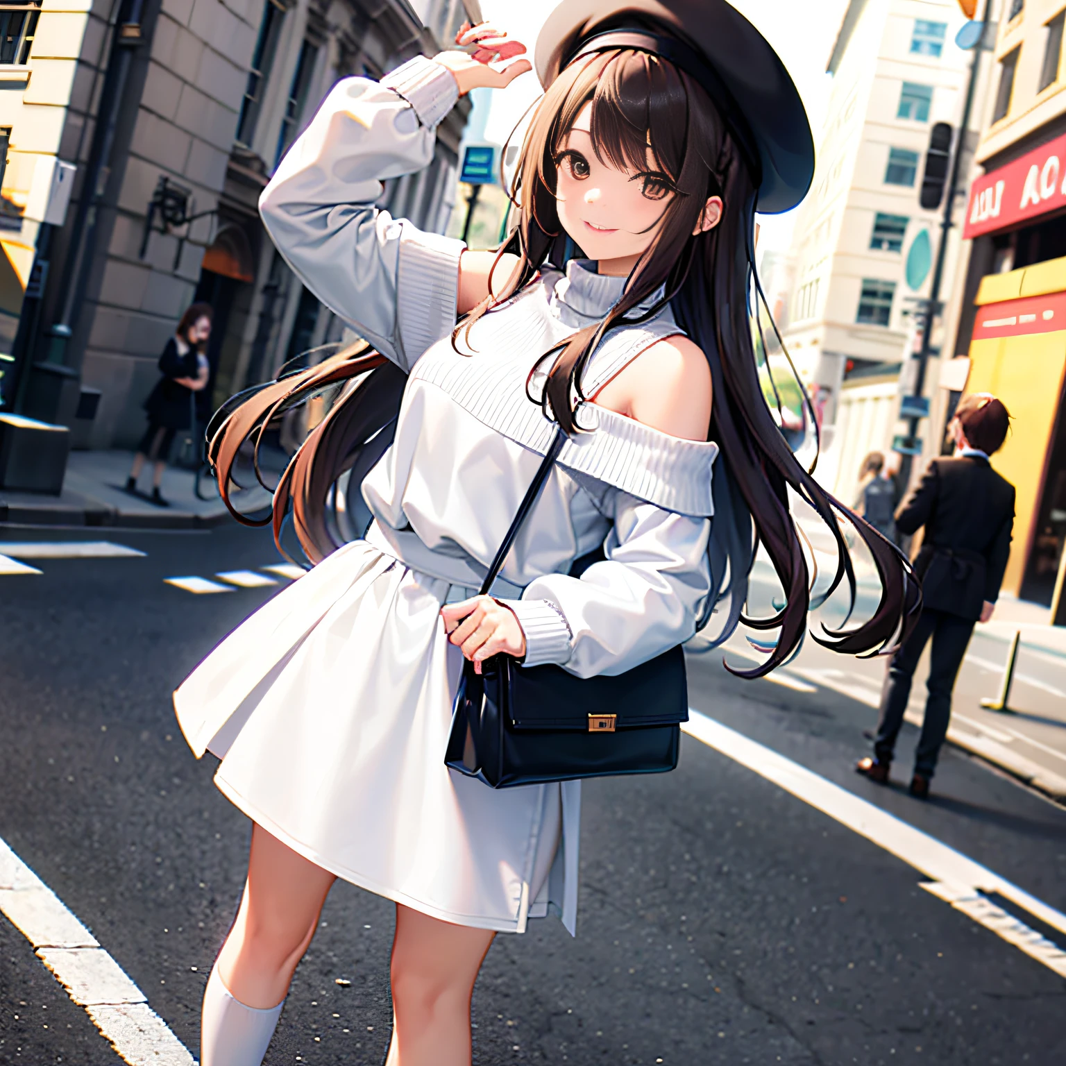 masterpiece, best quality, 1girl, bag, upper body, street, bangs, bare shoulders, beret, black footwear, black headwear, brown eyes, brown hair, Smile, Passionate, handbag, hat, holding, longhair, long sleeves, looking_at_viewer, off shoulder, shoes, skirt, sleeves_past_wrists, socks, solo, sweater, white legwear Negative, standing, side view,
