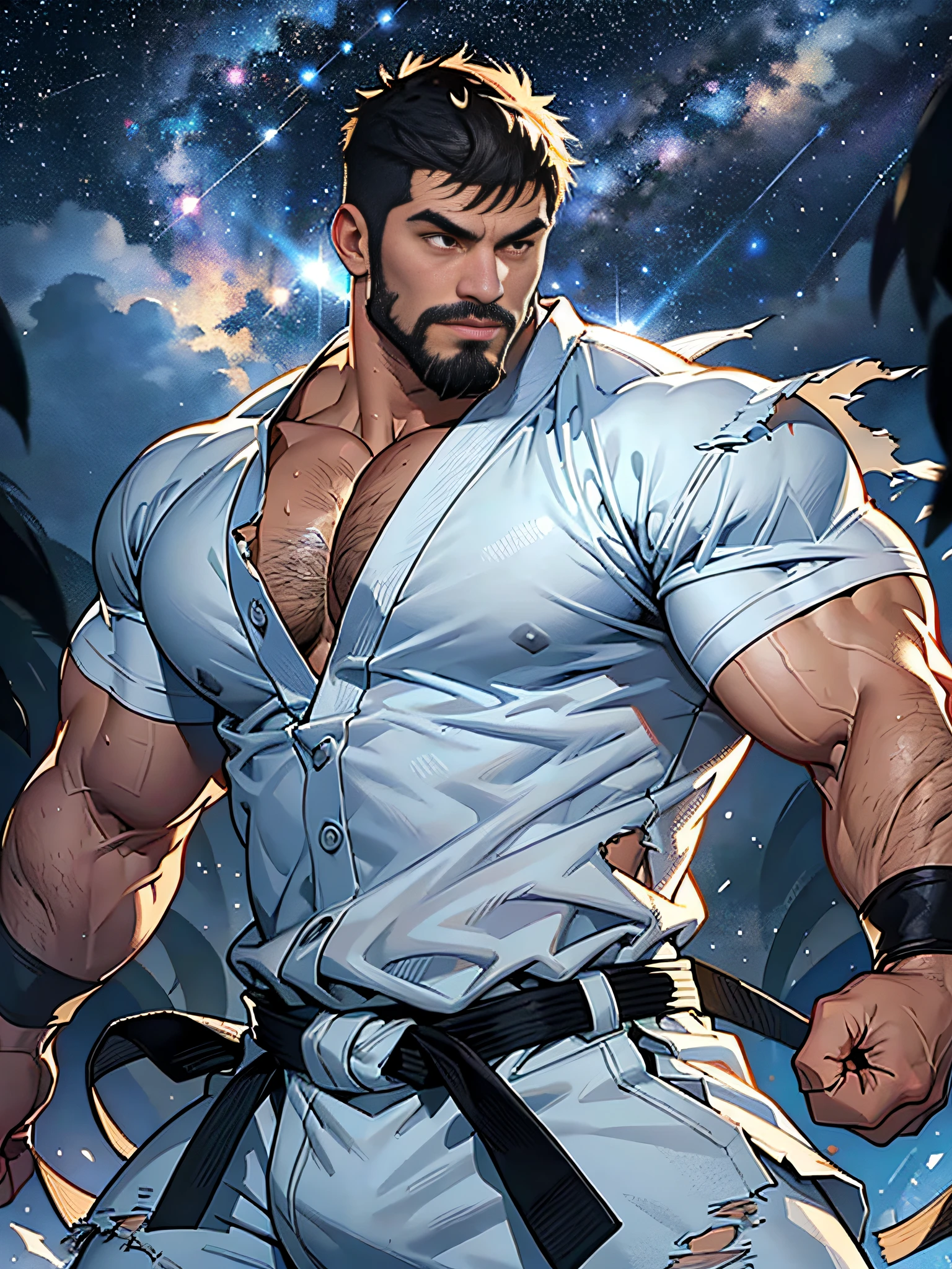 best quality, masterpiece, super high resolution, detailed background, realism, Illustrations, single, 1 boy, muscle, volumetric lighting, depth of field, facial hair, ryu, white clothes, black belt, light particles, bulge, starry sky, fighting stance, sweating, short hair, torn clothes, burly, big man