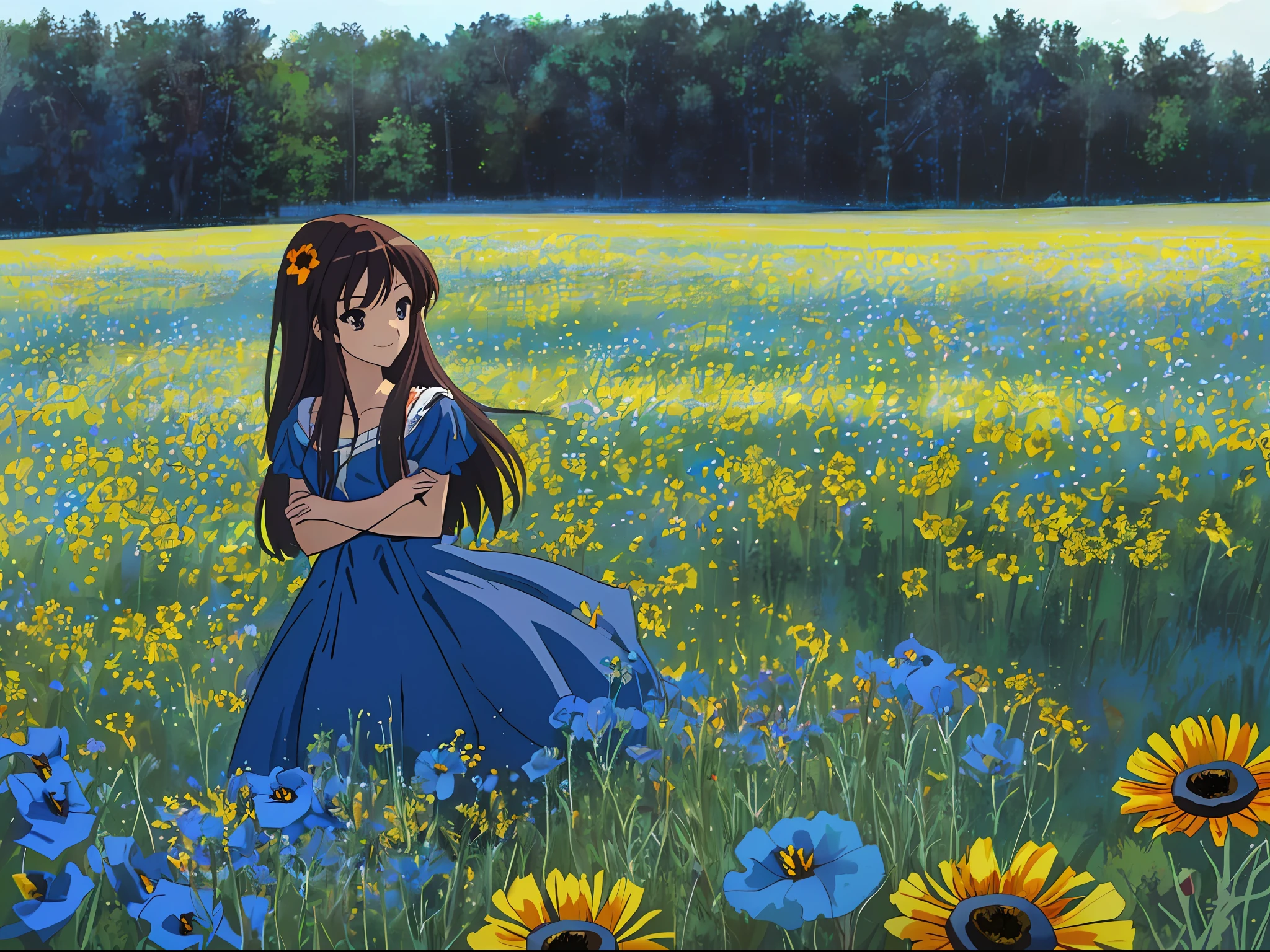 ((masterpiece)), (8k, high_resolution),(best quality), 1girl, solo, Haruhi suzumiya, (dress, white-blue-red dress, the upper part of the dress is white, the middle part of the dress is blue, the lower part of the dress is red, dresses in the colors of the French flag, ((very detailed face)), mysterious look, without a smile) meadow, field, large field, meadow flowers and grasses, landscape, deserted, (darkening), no sun, twilight, summer, Kyoani Haruh style, (meadow white and blue and red flowers,  white poppy flowers, no trees, no forest, only meadow, only meadow with flowers), no sunflowers, no sunflowers