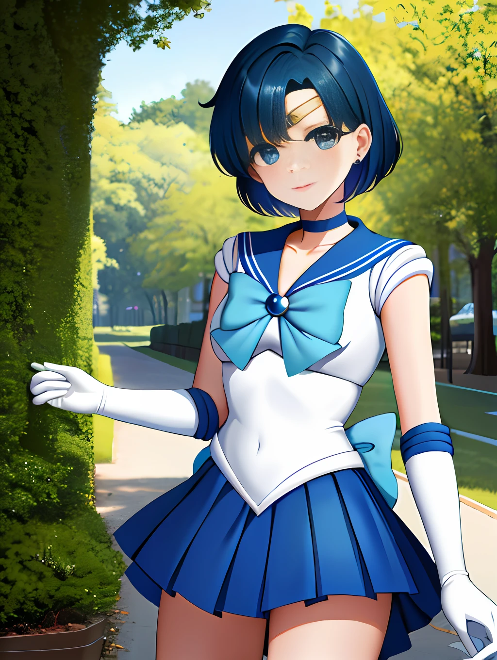 Anime girl in a blue and white uniform walking down a sidewalk - SeaArt AI