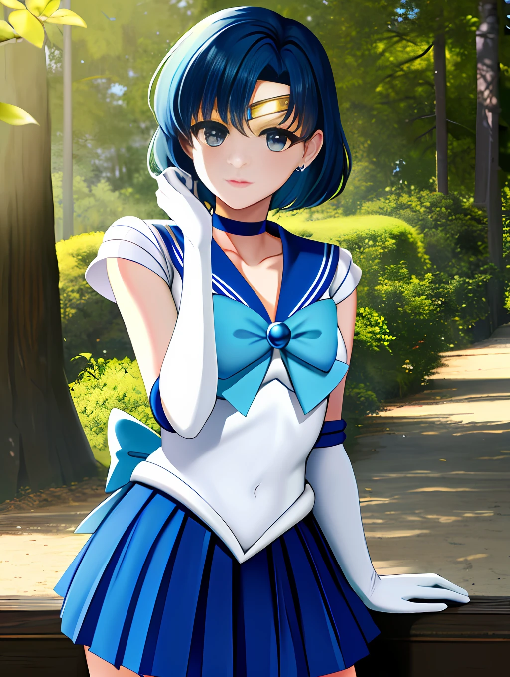masterpiece, best quality, highres, mer1, tiara, sailor senshi uniform, blue skirt, blue sailor collar, tiara, bow, knee boots, choker, white gloves, blue choker, elbow gloves, jewelry, earrings, pleated skirt, cowboy shot, outdoors