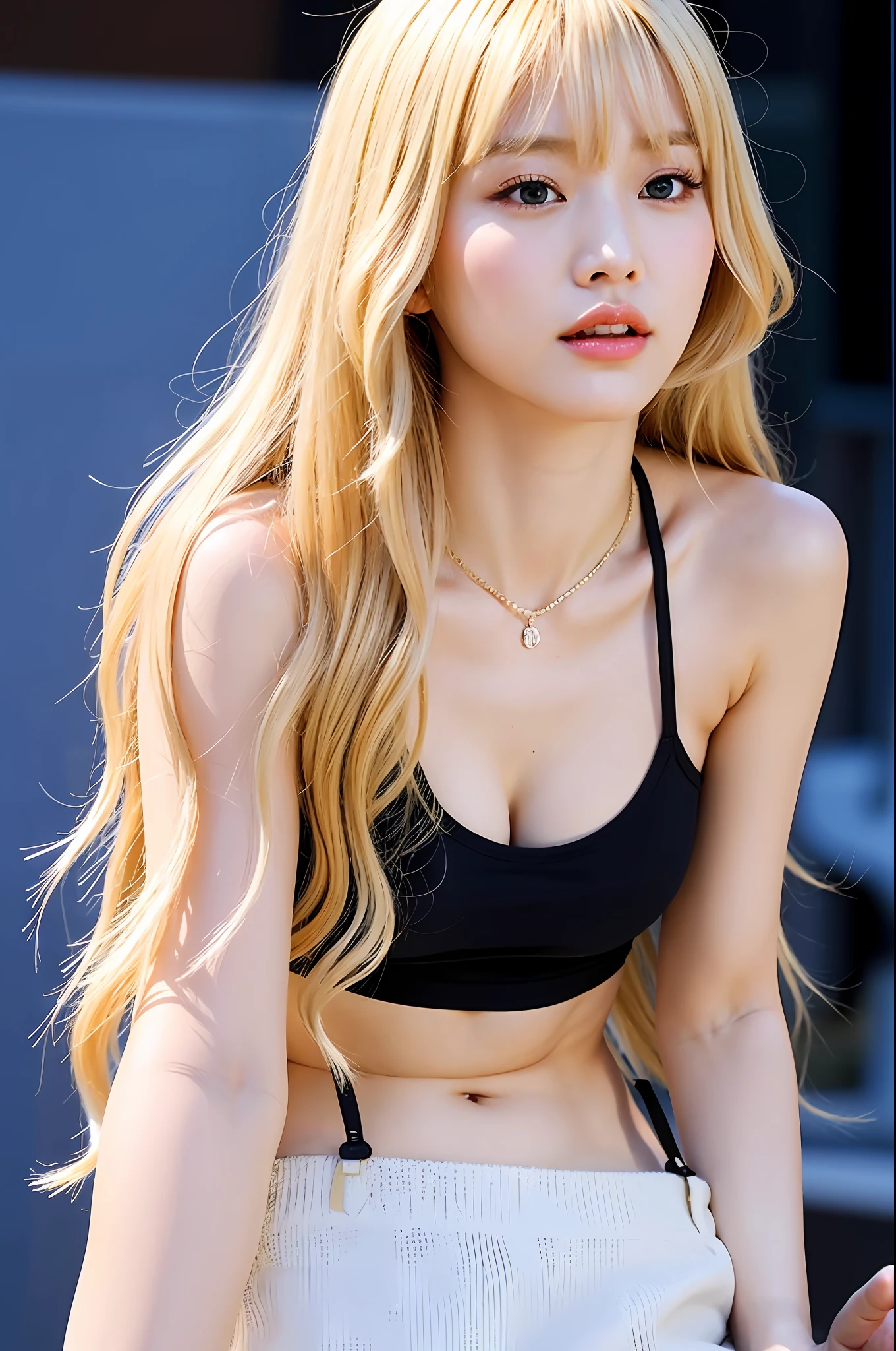 Korean woman, blonde, with bangs, K-pop idol, sexy woman, long hair, seduce