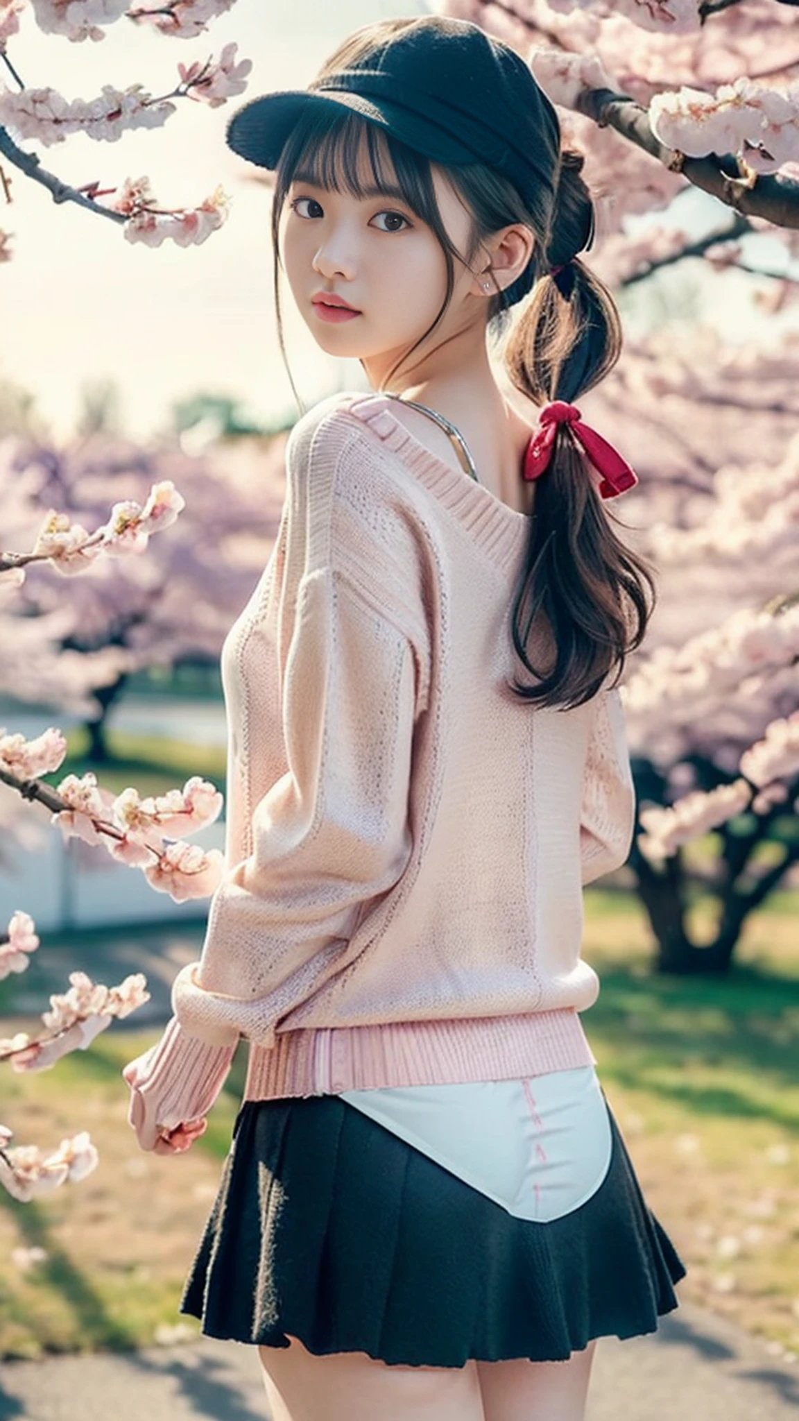 (((low angle))),((((showing me panties))))), thigh gap, ((photorealistic)),(Slim)),((AKB 48)),(Full body photo))), ((sunset in background))),((Cherry blossoms in the background)),(19 years old)),(Small bust))))), (Wearing a hat deeply))( Long skirt))), ((((Spring sweater)))), (((Photorealism: 6, Realistic)))), (((Sideways and turning around pose))),Perfect lower body shape,((Upside ponytail))), (Ribbon),((Has scrunchies on wrists)),Hair ornaments, small waist