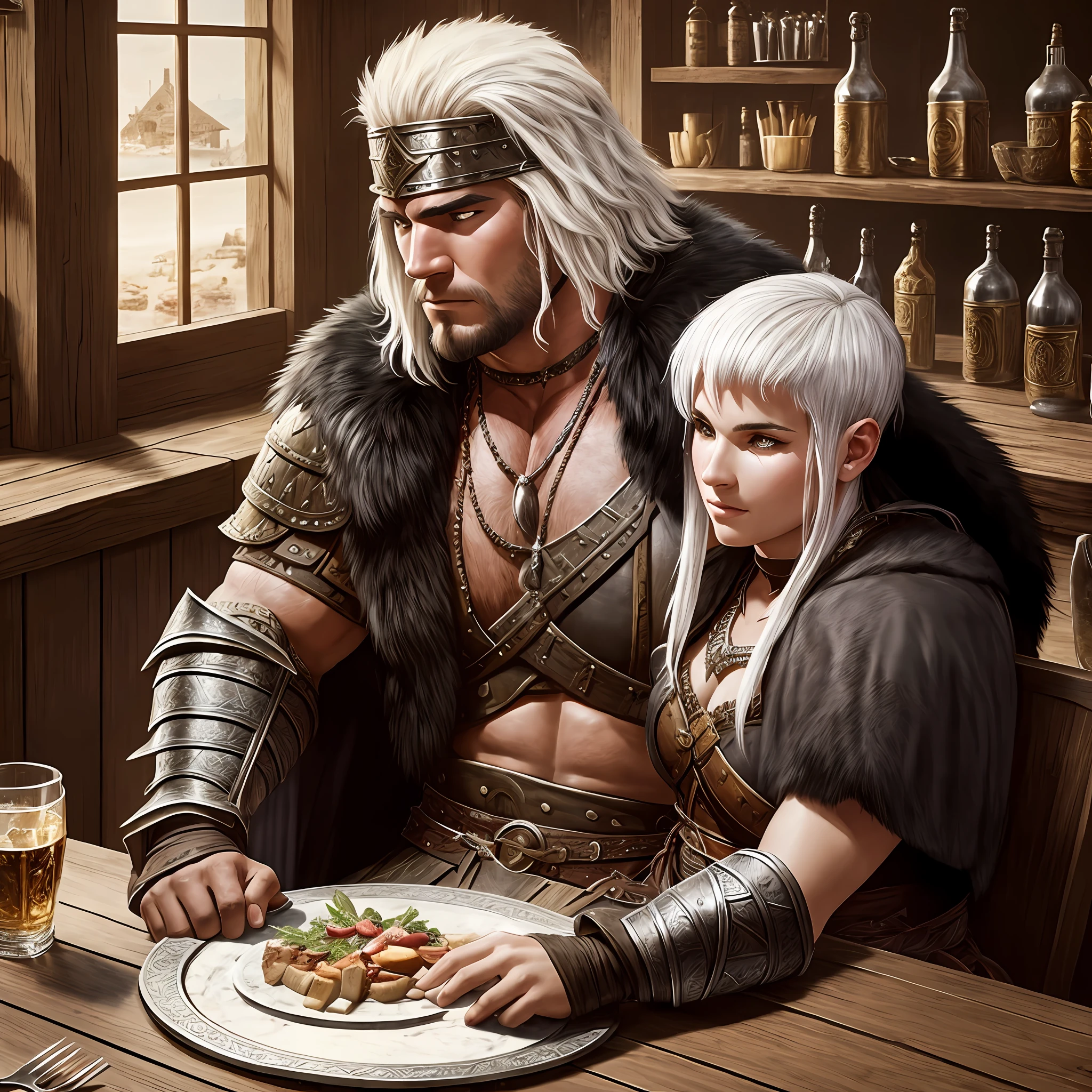 Young, barbarian warrior, big black armor, fur cape, shaved hair, scar in eye, sitting, in a medieval tavern, with a waitress on his lap, Best Quality, Full HD, detailed, ultra realistic, detailed, Best Quality, Full HD,
