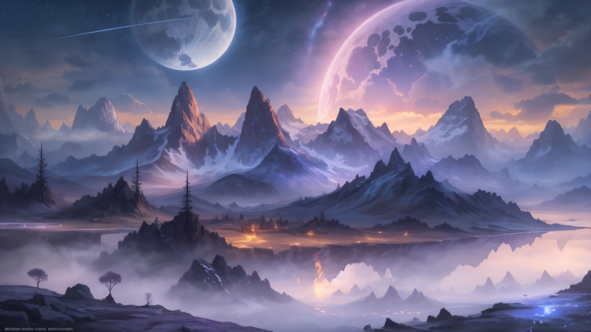 (enlarged: 1.1), mountains and a lake with a moon in the sky, 4k highly detailed digital art, 4k hd very detailed wallpaper, stunning fantasy landscape, sci-fi fantasy desktop wallpaper, unreal engine 4k wallpaper, 4k detailed digital art, sci-fi fantasy wallpaper, epic dreamlike fantasy landscape, 4k hd matte digital painting, 8k stunning art