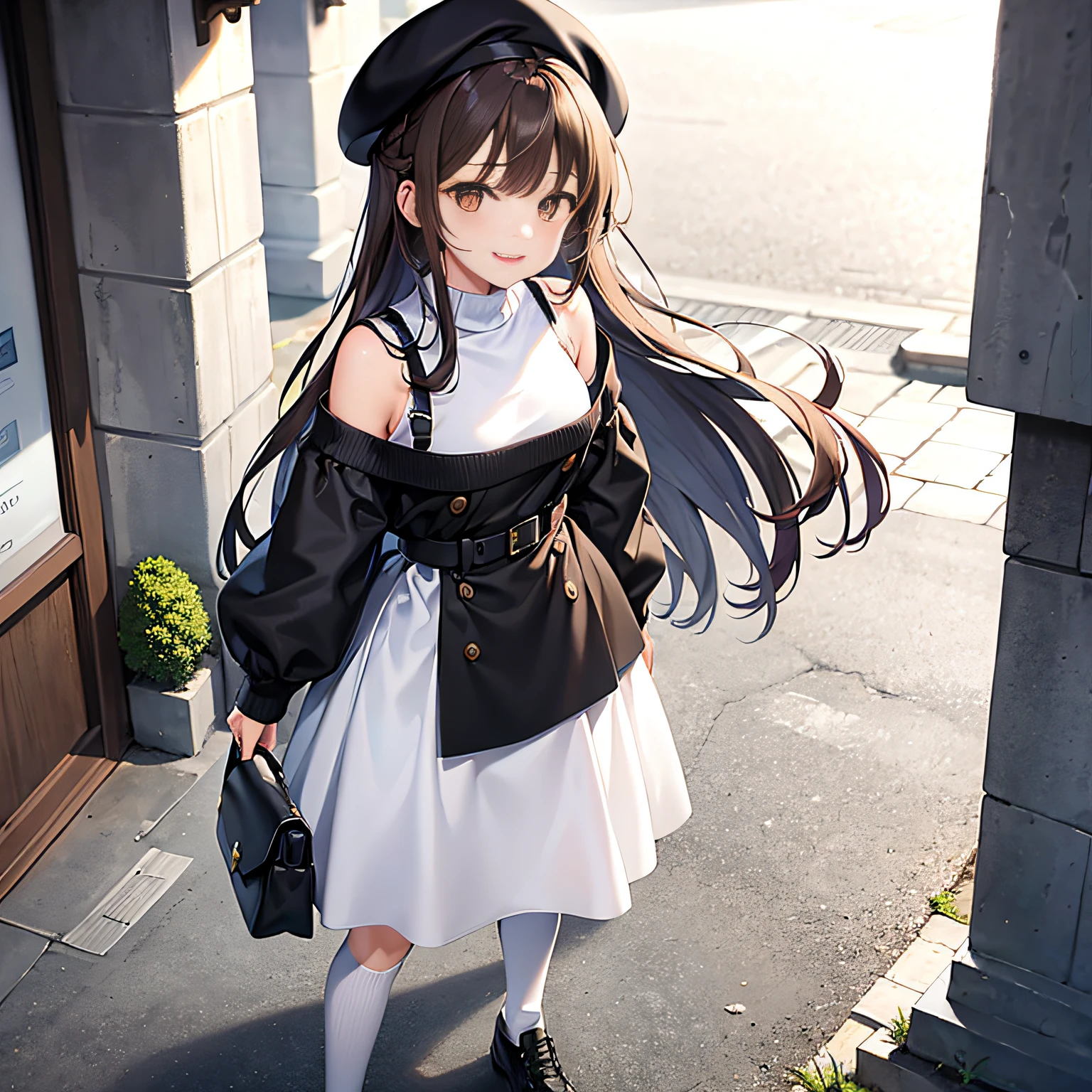 masterpiece, best quality, 1girl, bag, upper body, street, bangs, bare shoulders, beret, black footwear, black headwear, brown eyes, brown hair, Smile, Passionate, handbag, hat, holding, longhair, long sleeves, looking_at_viewer, off shoulder, shoes, skirt, sleeves_past_wrists, socks, solo, sweater, white legwear Negative, standing, side view,