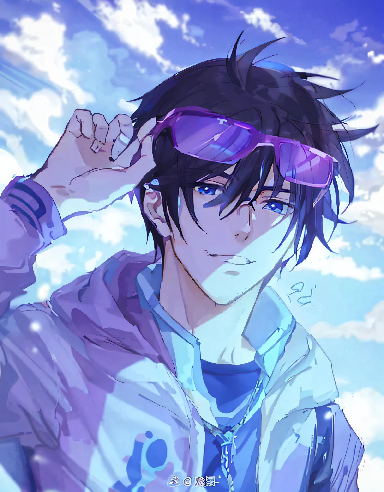 anime boy with purple glasses and a purple jacket, handsome anime pose, tall anime guy with blue eyes, anime handsome man, makoto shinkai ( apex legends ), inspired by Okumura Togyu, young anime man, inspired by Tomioka Tessai, anime boy, inspired by Okumura Masanobu, male anime style, male anime character