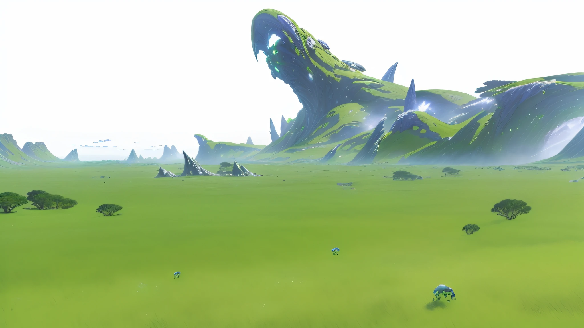 there is a picture of a green field with a giant alien creature, rendered in nvidia's omniverse, magical battlefield background, grassy plains, an expansive grassy plain, background aerial battle, painted as a game concept art, vast landscape, stylized concept art, overgrown with shiny blobs, icey tundra background, fantasy plains, floating mountains, side scroller