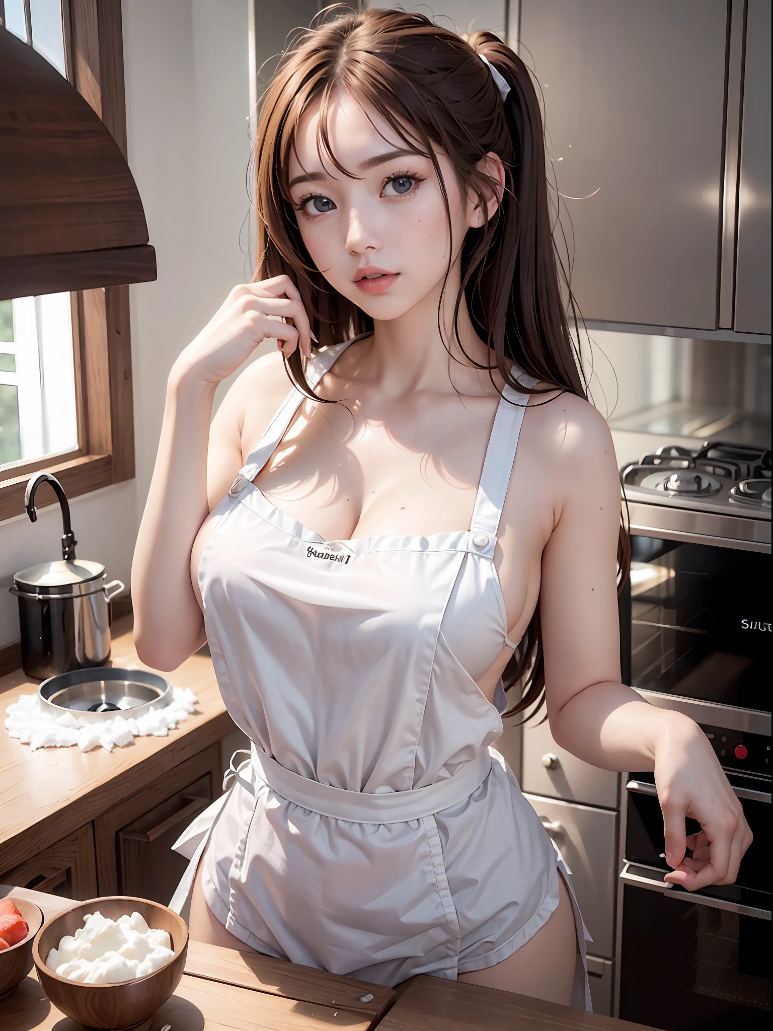 Woman is cooking (wearing kitchen apron: 1.3), good hands, 4k, high resolution, masterpiece, top quality, head: 1.3, (Hasselblad photo)), fine skin, sharp focus, (cinematic lighting), soft lighting, dynamic angles, :( detailed face: 1.2 ): 0.2], large breasts, ((in the kitchen))), exposed,