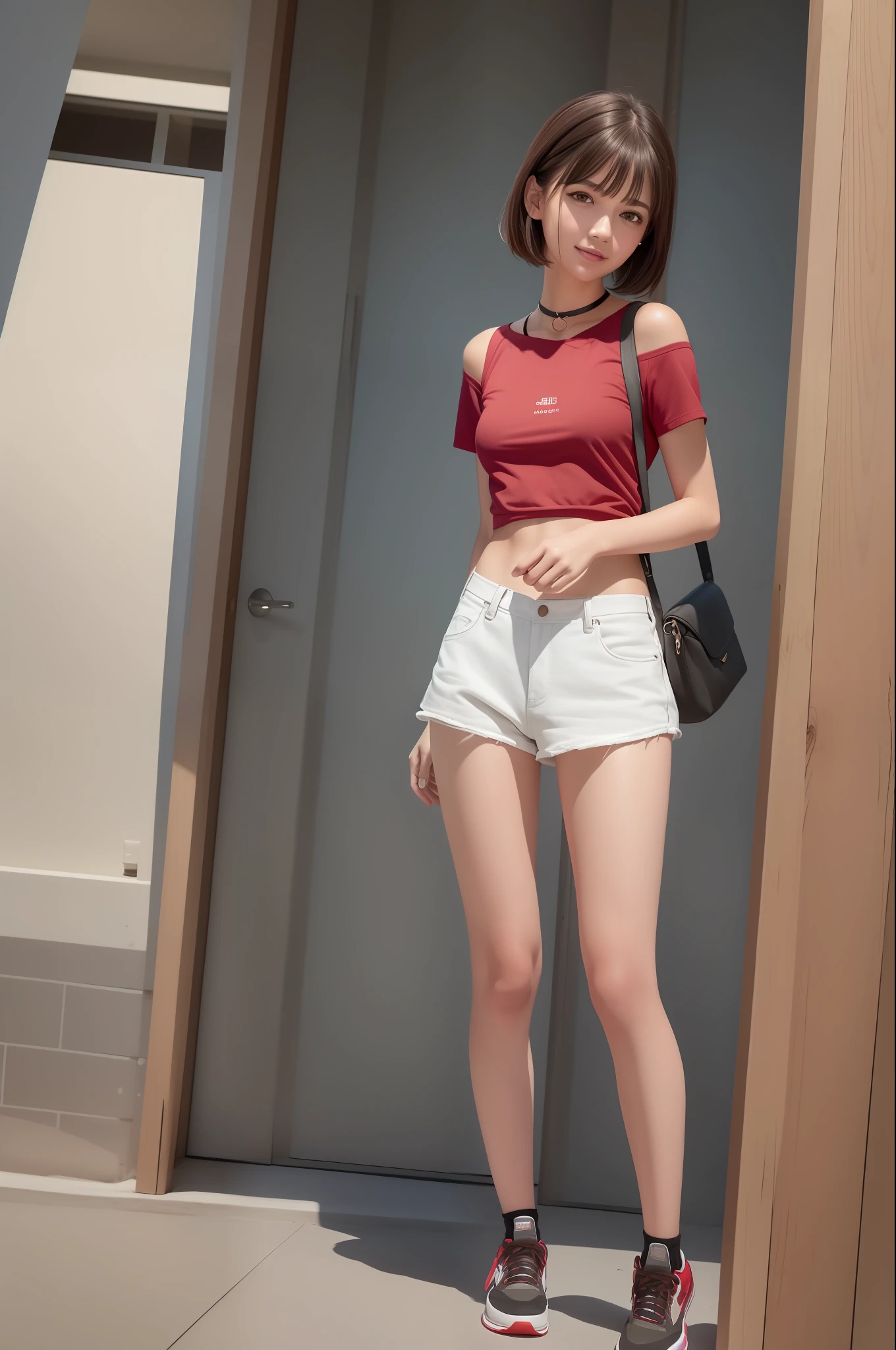 (RAW photo:1.2),(photorealistic:1.4),(masterpiece:1.3),(best quality:1.4),ultra high res,
HDR,8k resolution,
dreamlike,
check commentary,commentary request,scenery,((no text)),
solo focus, (full body),
(detailed eyes),(detailed facial features), (detailed clothes features),
skin tight, (shiny skin),(slender girl),(slim girl),
(1girl,solo),VirtualGirl-Rin, happy, smile, (small breasts), bangs, bob hair, short hair, brown hair, brown eyes, black choker,
university student, schoolgirl, white high school sportswear,red sports shorts,sneakers,